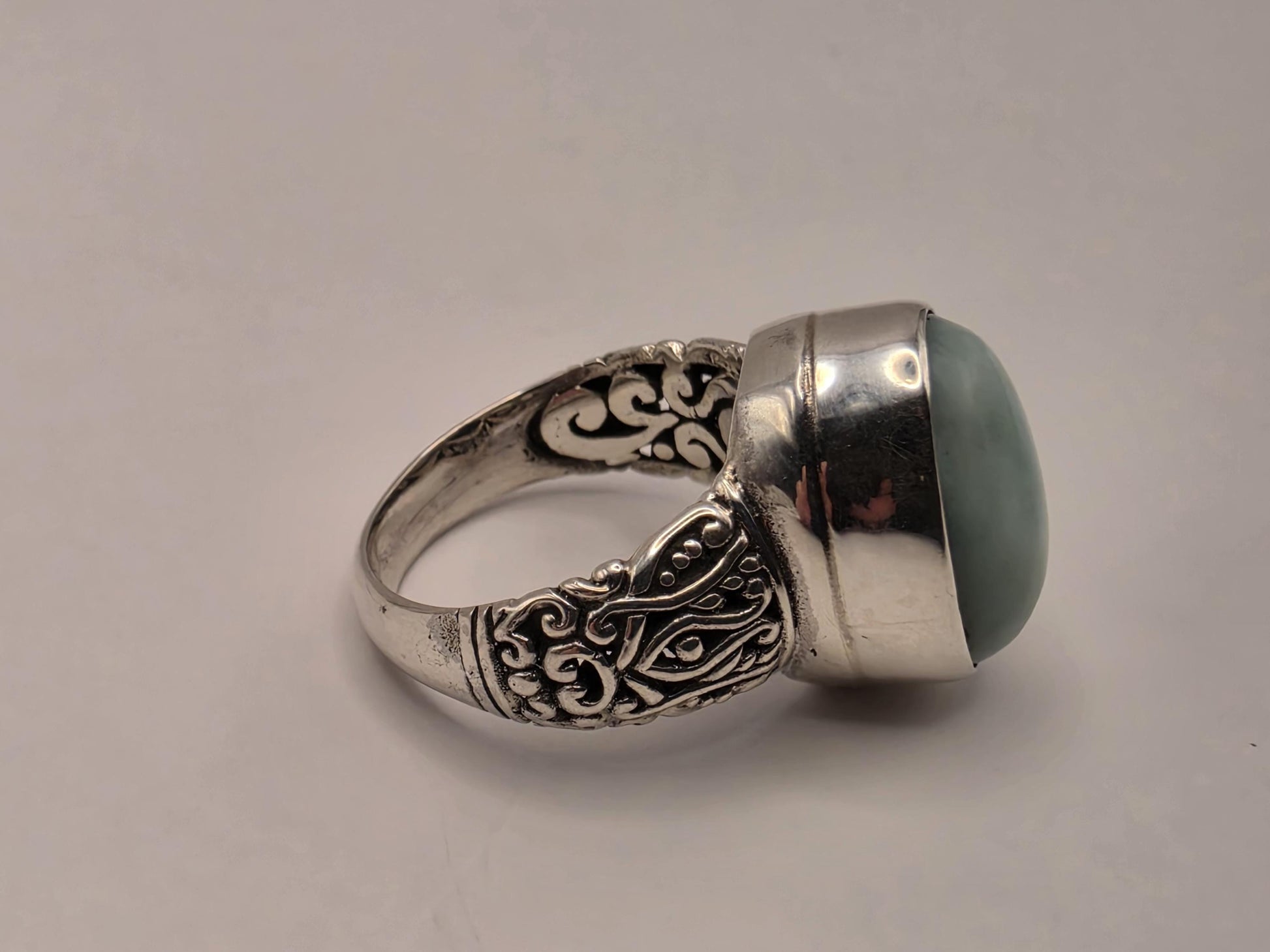 Genuine Turquoise Ring Solid 925 Sterling Silver Size 8 Large Oval Cabochon Bali Scrollwork Southwest Statement Gift
