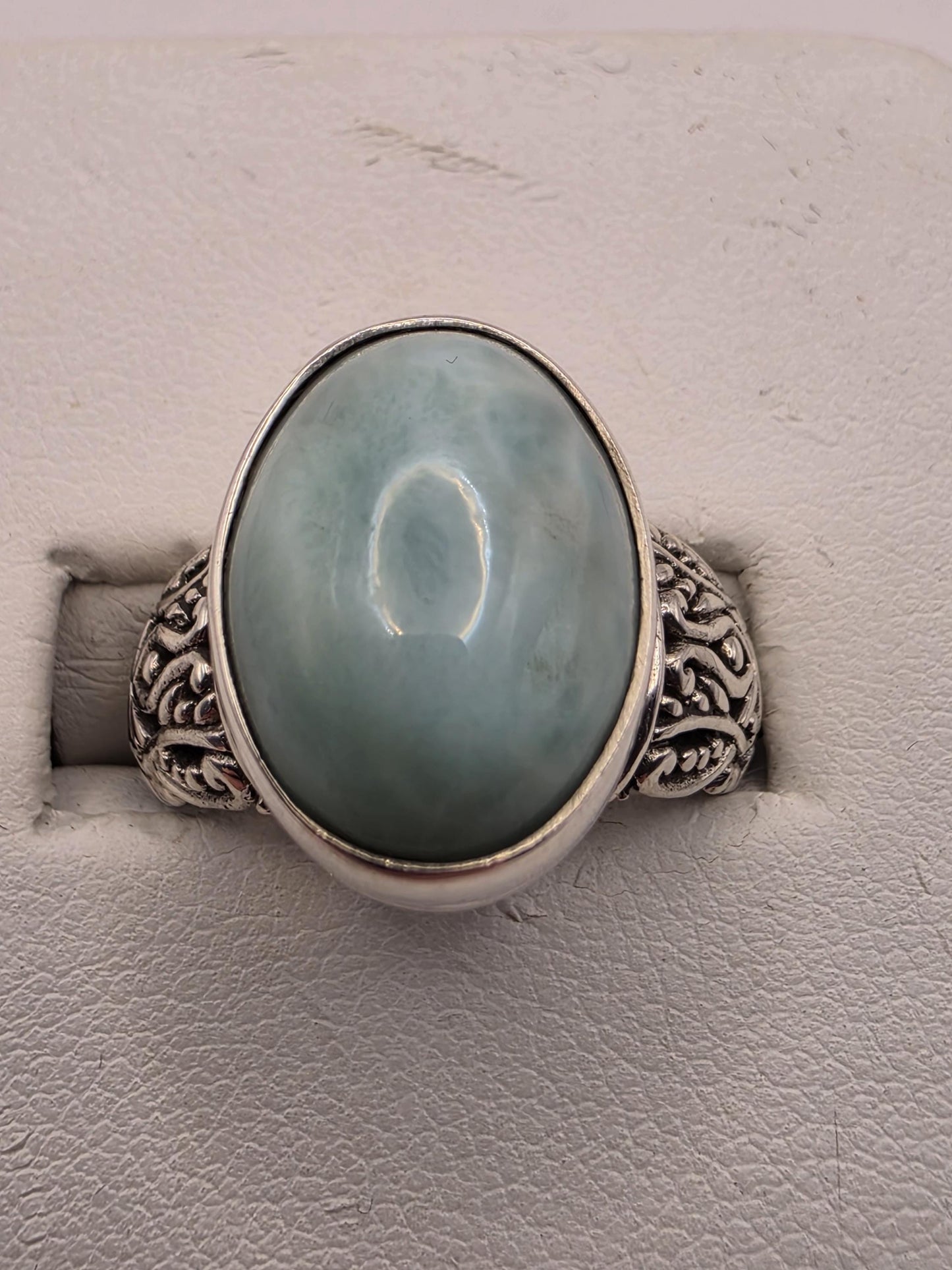 Genuine Turquoise Ring Solid 925 Sterling Silver Size 8 Large Oval Cabochon Bali Scrollwork Southwest Statement Gift