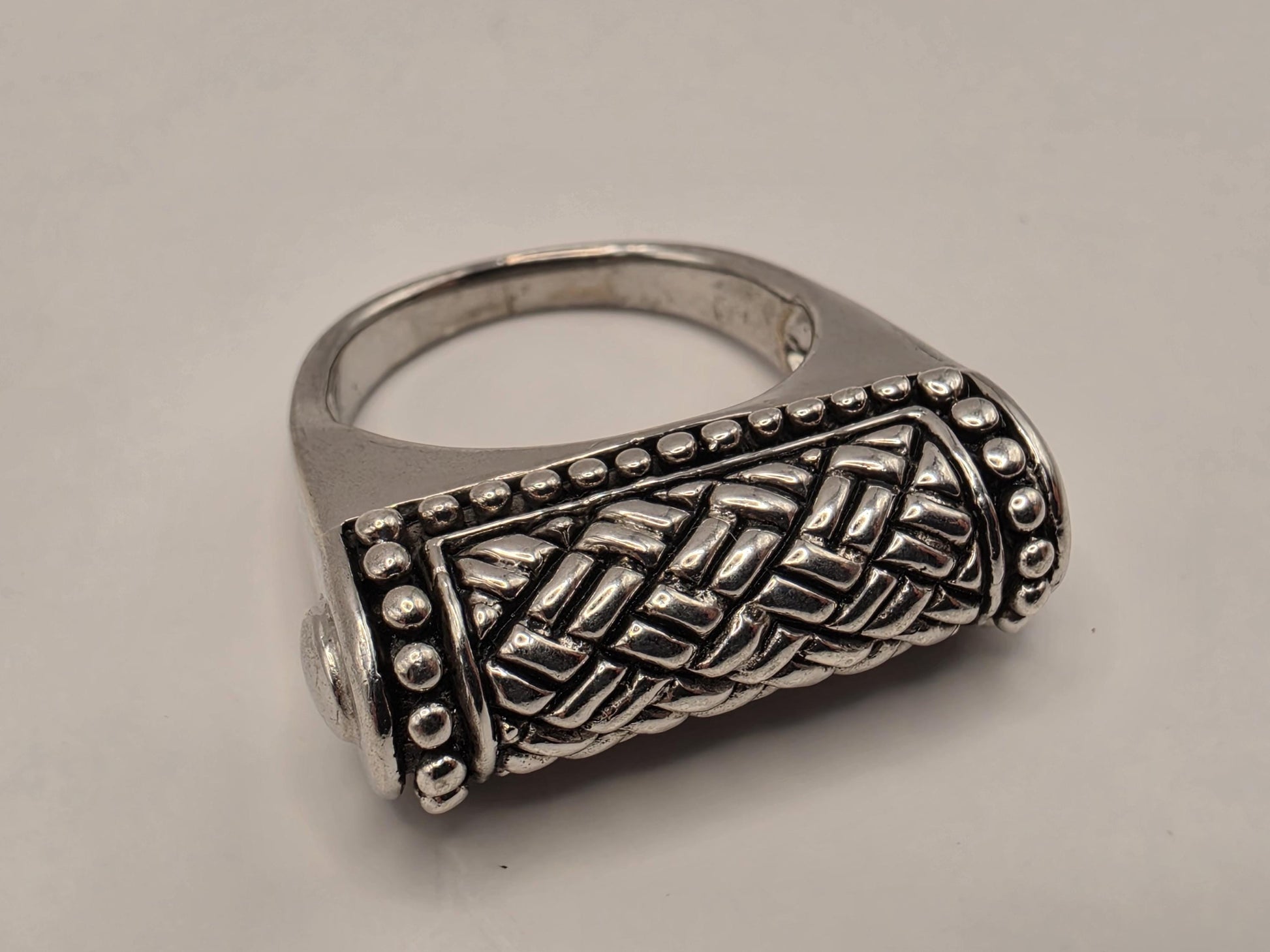 Solid 925 Sterling Silver Woven Bar Ring Size 7 8.5 Grams Bali Basket Cylinder Statement Unisex Jewelry Gift