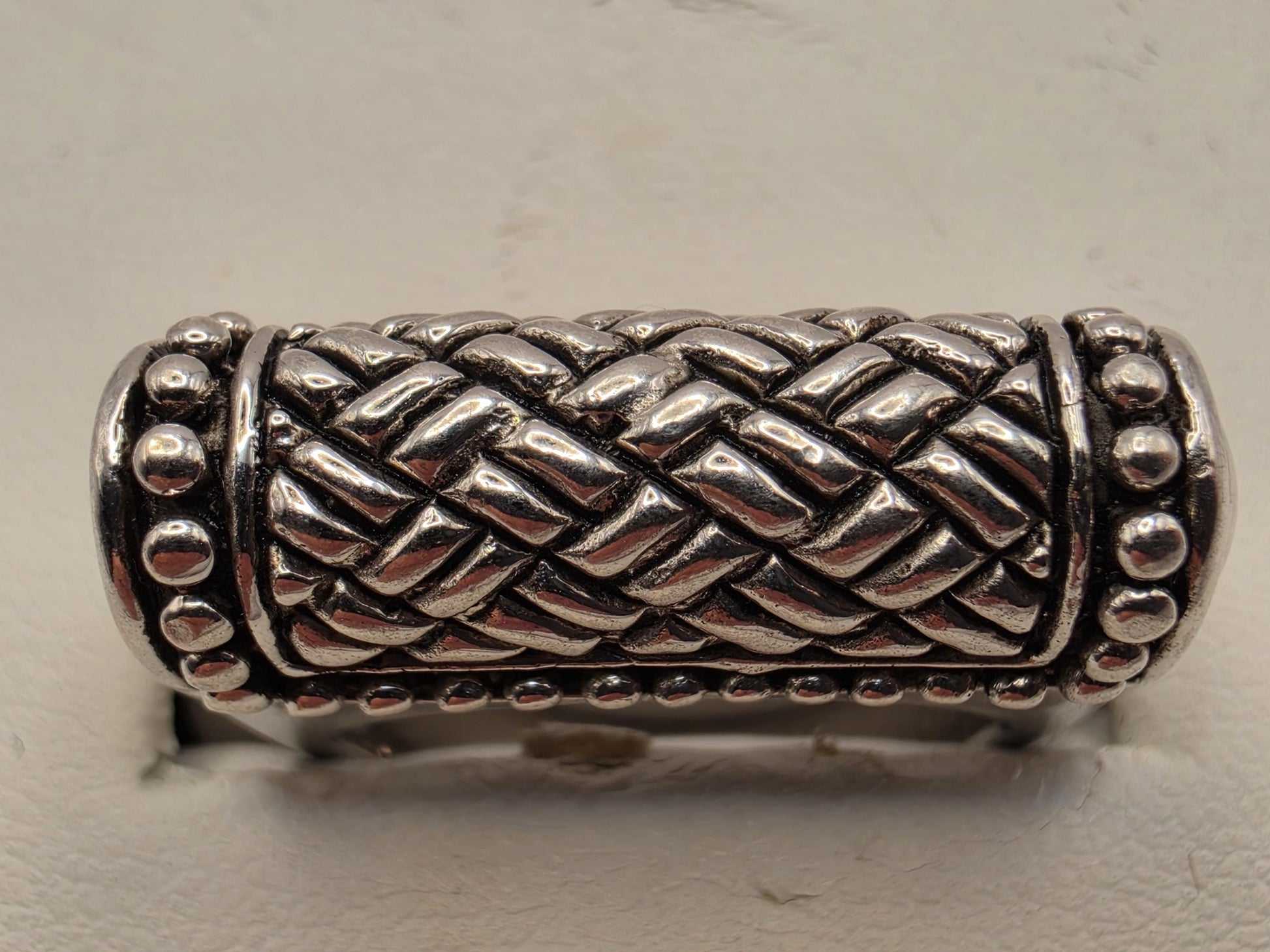 Solid 925 Sterling Silver Woven Bar Ring Size 7 8.5 Grams Bali Basket Cylinder Statement Unisex Jewelry Gift