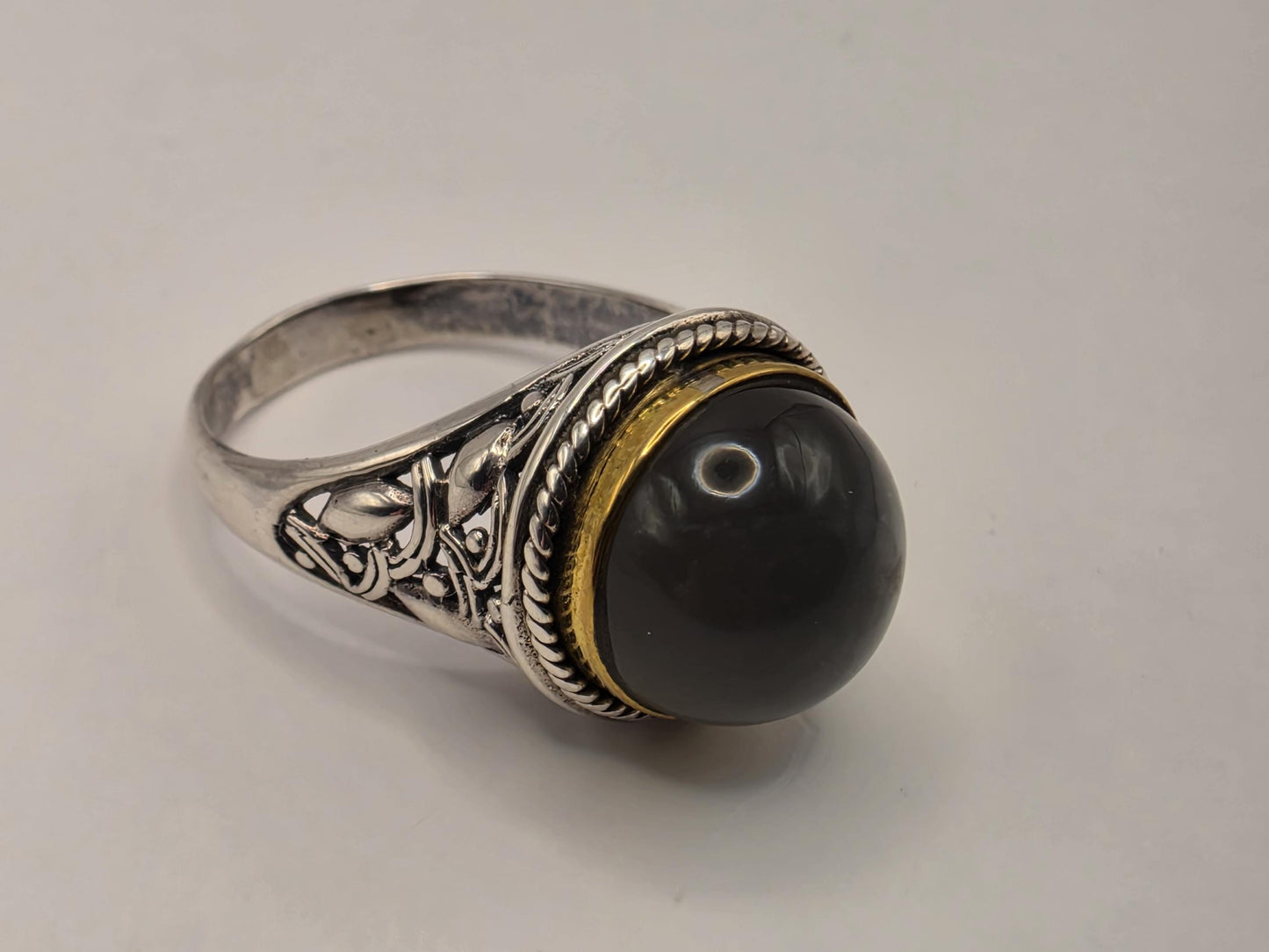 Genuine Smoky Quartz Ring Solid 925 Sterling Silver Size 9 Round Cabochon Gold Tone Bezel Bali Statement Gift
