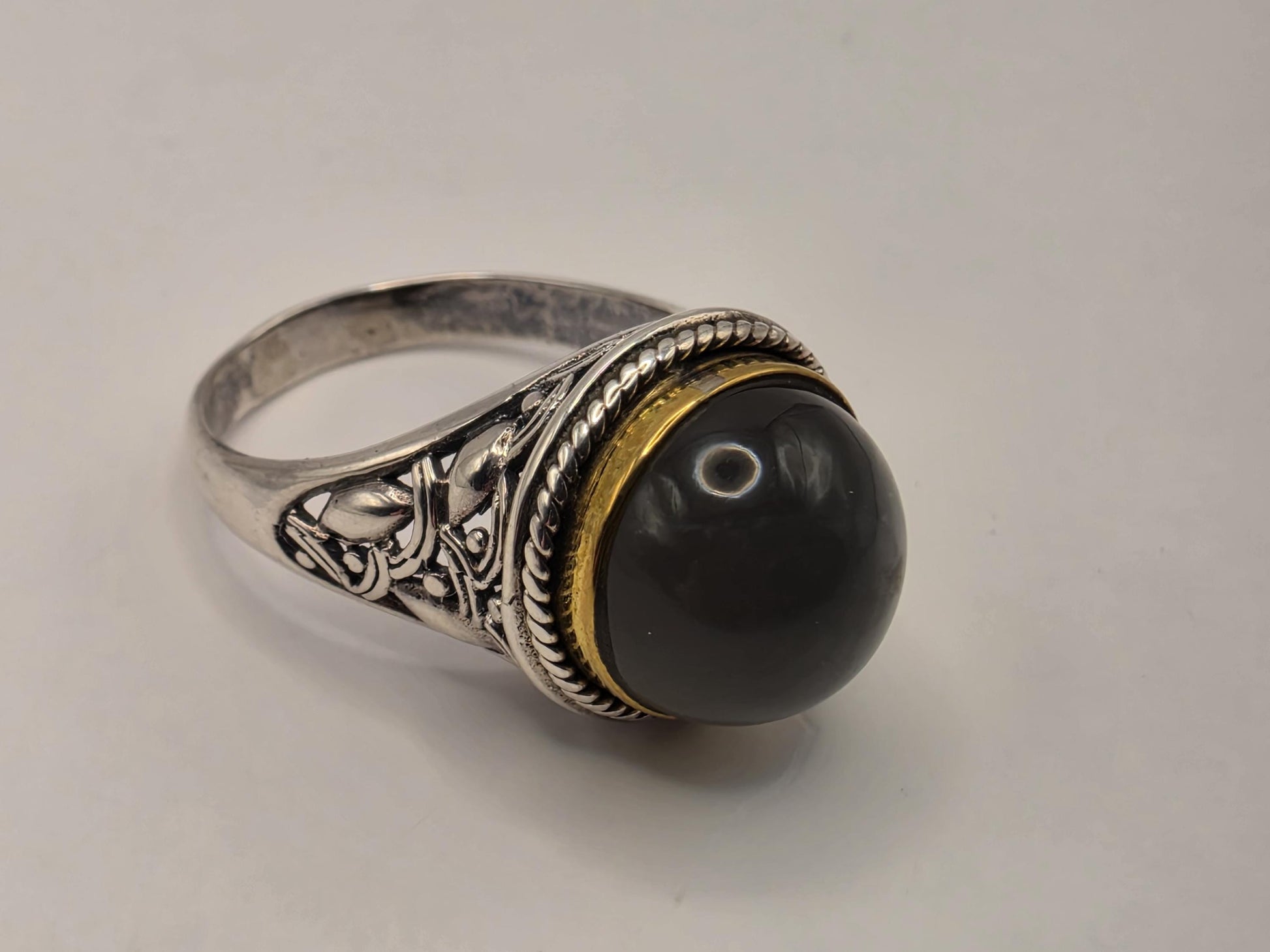 Genuine Smoky Quartz Ring Solid 925 Sterling Silver Size 9 Round Cabochon Gold Tone Bezel Bali Statement Gift