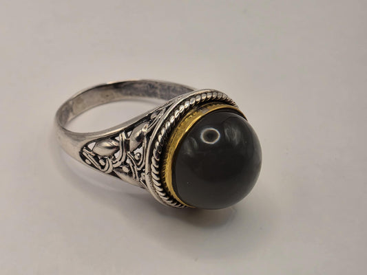 Genuine Smoky Quartz Ring Solid 925 Sterling Silver Size 9 Round Cabochon Gold Tone Bezel Bali Statement Gift