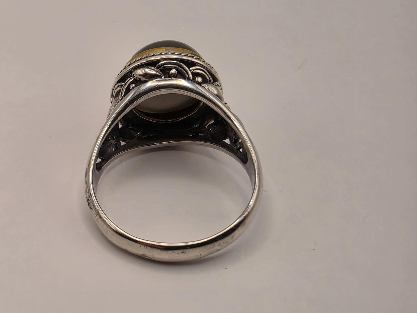Genuine Smoky Quartz Ring Solid 925 Sterling Silver Size 9 Round Cabochon Gold Tone Bezel Bali Statement Gift