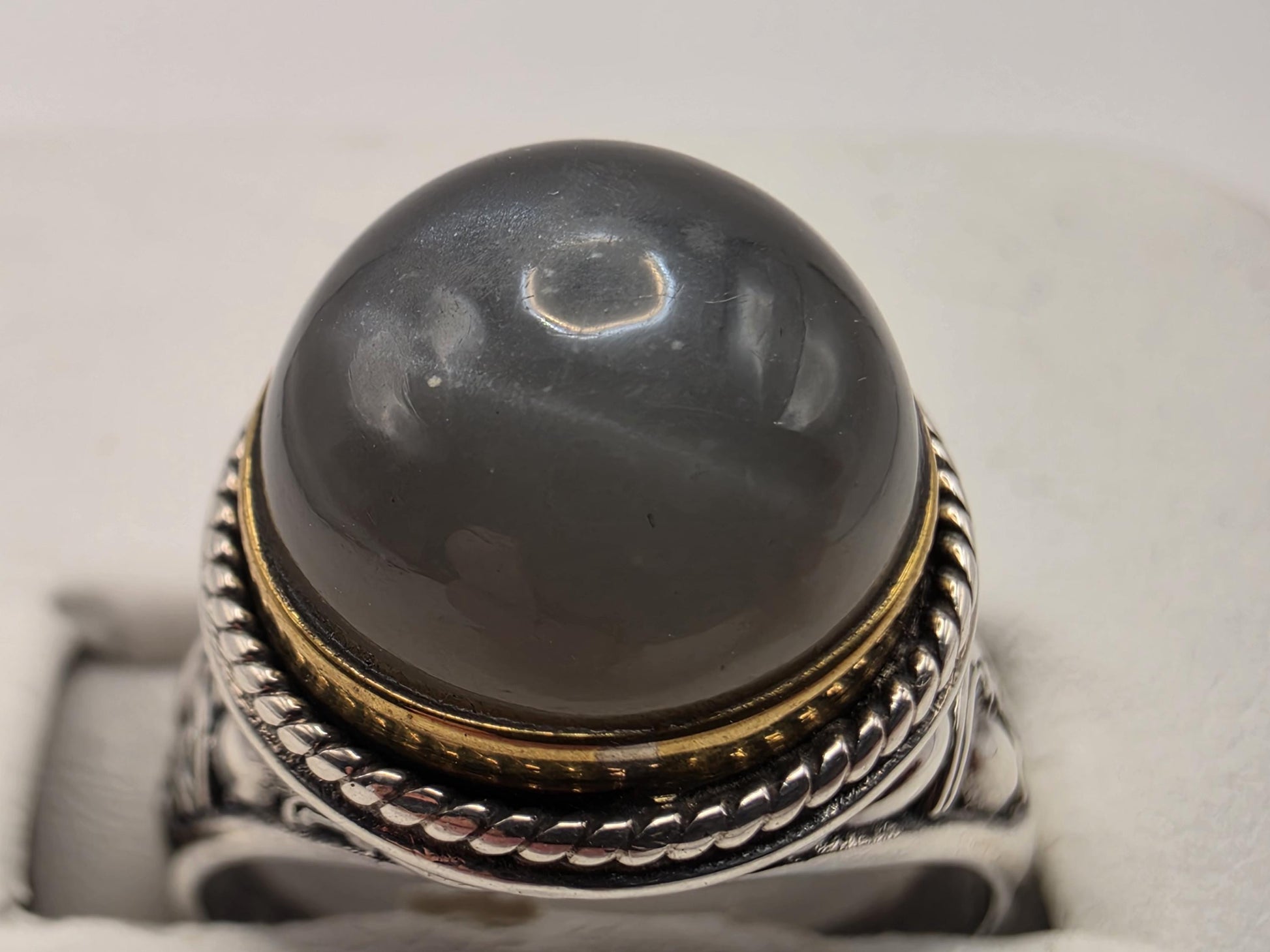 Genuine Smoky Quartz Ring Solid 925 Sterling Silver Size 9 Round Cabochon Gold Tone Bezel Bali Statement Gift
