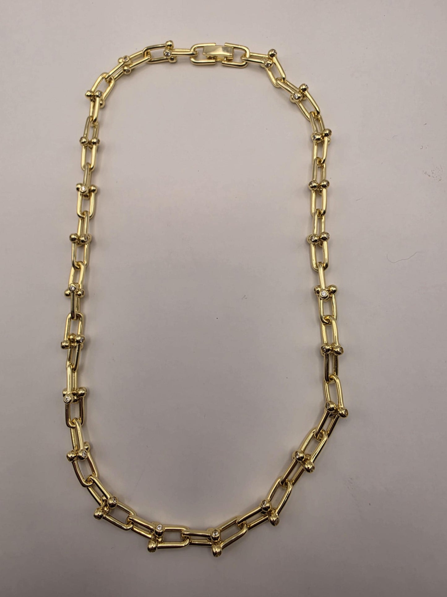 Gold Plated Sterling Silver Barbell Paperclip Necklace 18 Inch 6.5mm 43.1 Grams Cubic Zirconia Hardware Statement Gift