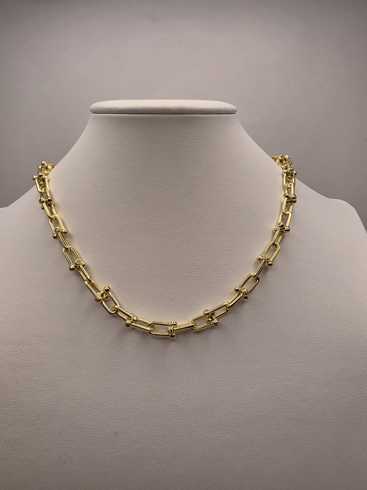 Gold Plated Sterling Silver Barbell Paperclip Necklace 18 Inch 6.5mm 43.1 Grams Cubic Zirconia Hardware Statement Gift
