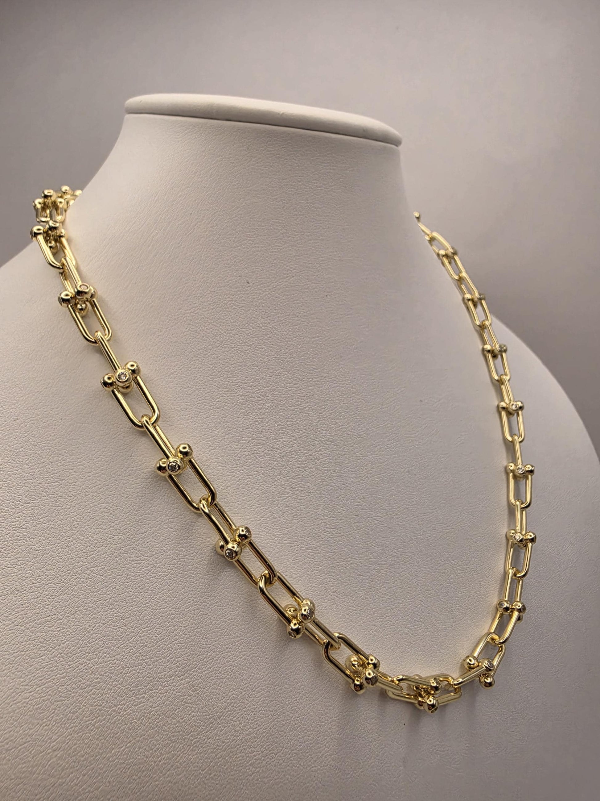 Gold Plated Sterling Silver Barbell Paperclip Necklace 19.75 Inch 6.5mm 44.2 Grams Cubic Zirconia Statement Chain