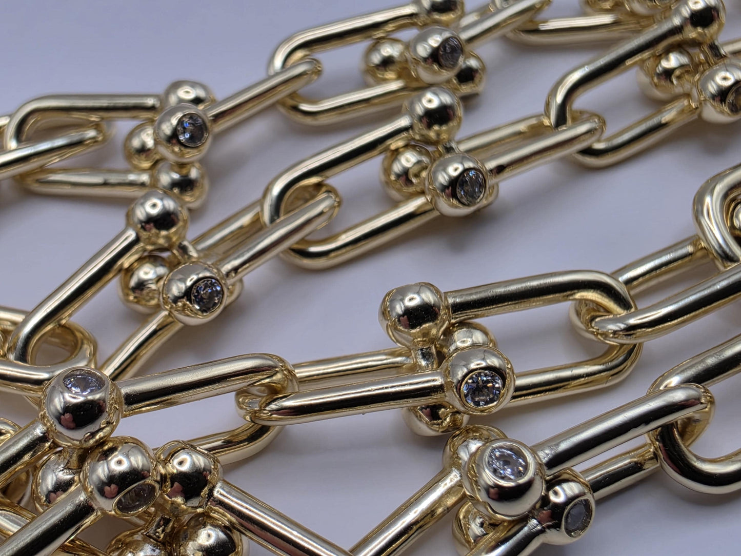 Gold Plated Sterling Silver Barbell Paperclip Necklace 19.75 Inch 6.5mm 44.2 Grams Cubic Zirconia Statement Chain