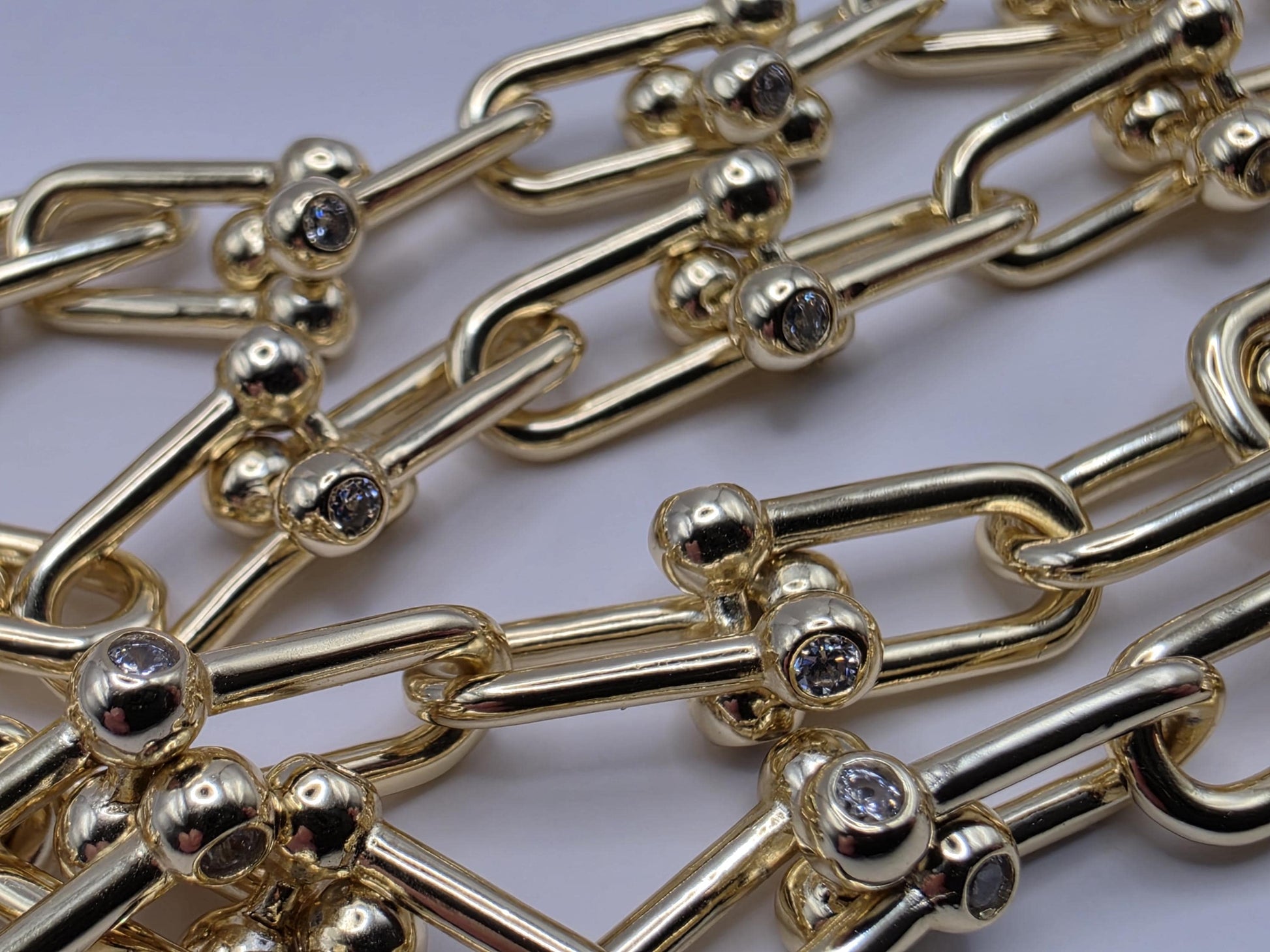 Gold Plated Sterling Silver Barbell Paperclip Necklace 19.75 Inch 6.5mm 44.2 Grams Cubic Zirconia Statement Chain