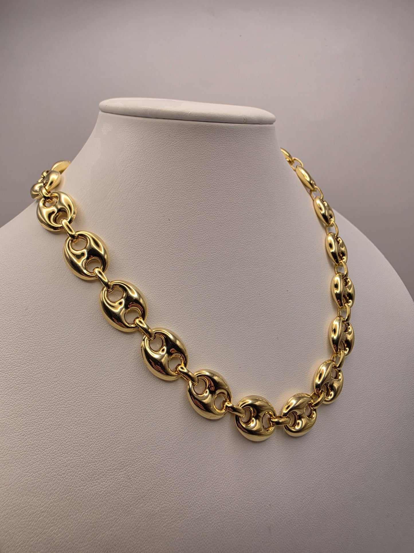 Gold Plated Sterling Silver Puffed Mariner Chain Necklace 18 Inch 14.2mm 47.4 Grams Heavy Anchor Link Collar Statement Gift