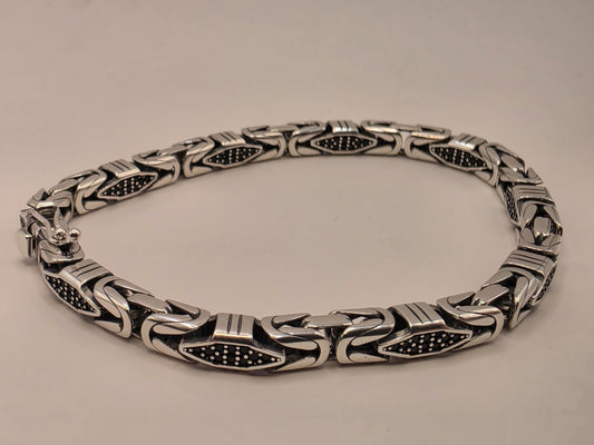 Solid 925 Sterling Silver Geometric Station Bracelet 5mm Mens Oxidized Dotwork Bali Link 8 Inch 21.4 Grams Gift for Him