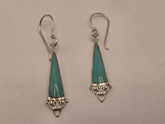 Genuine Turquoise Dangle Earrings Sterling Silver Long Triangle Drop Filigree Heart Detail 1.25 Inch Lightweight Boho Southwest Gift for Her