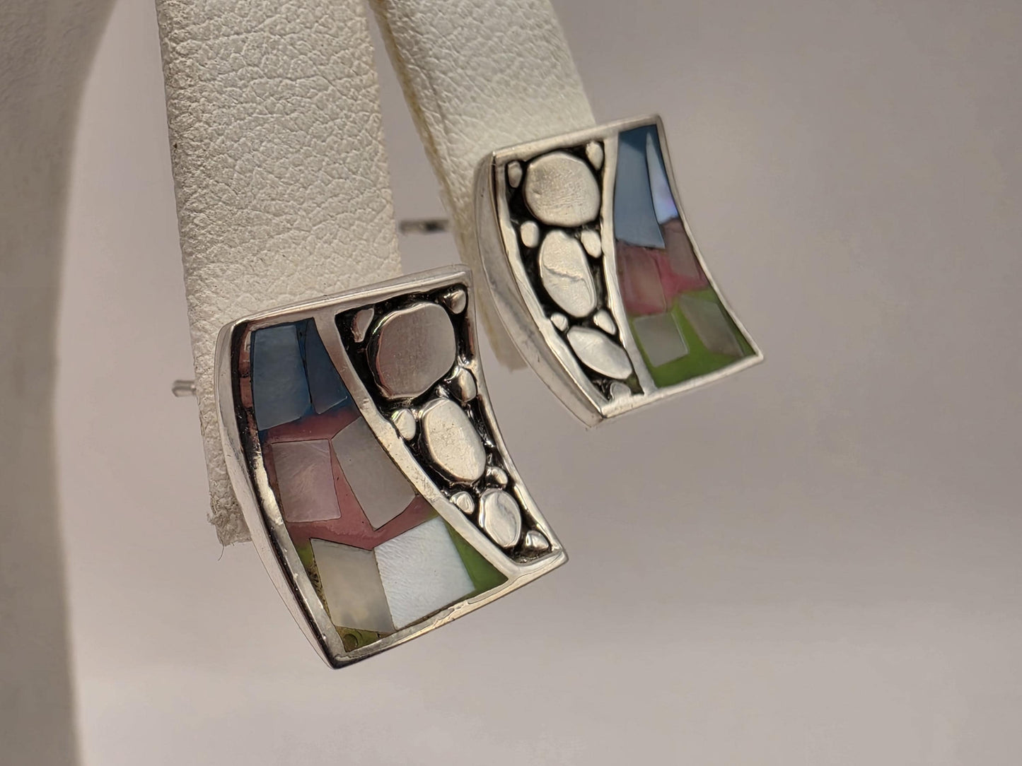 Mother of Pearl Mosaic Inlay Stud Earrings Sterling Silver Square Multicolor Pastel Shell Pebble Design 0.5 Inch Post Gift for Her