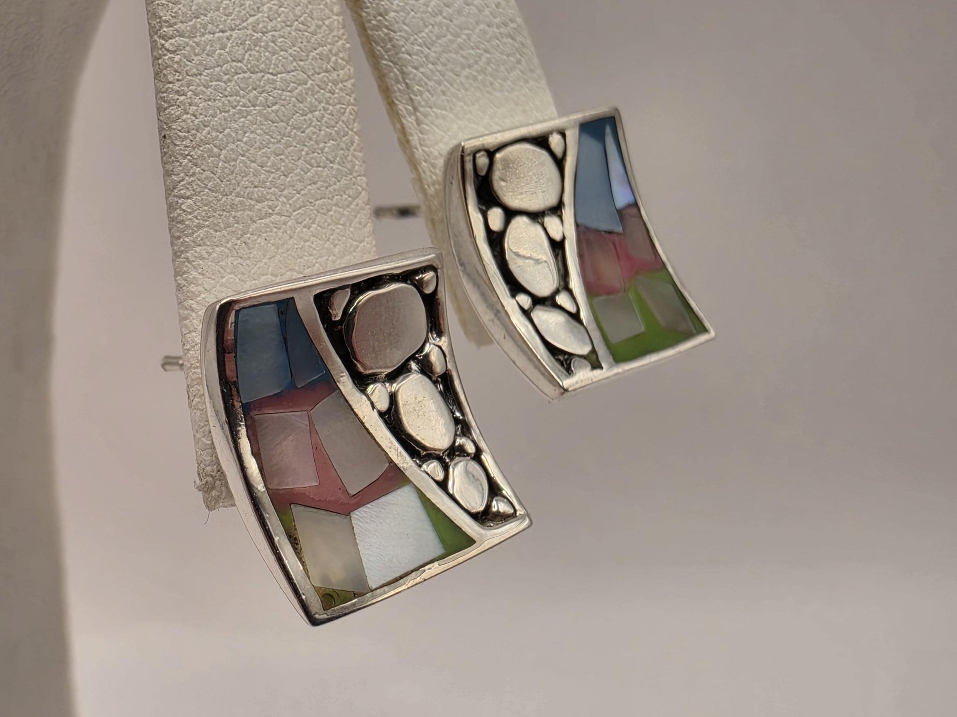 Mother of Pearl Mosaic Inlay Stud Earrings Sterling Silver Square Multicolor Pastel Shell Pebble Design 0.5 Inch Post Gift for Her