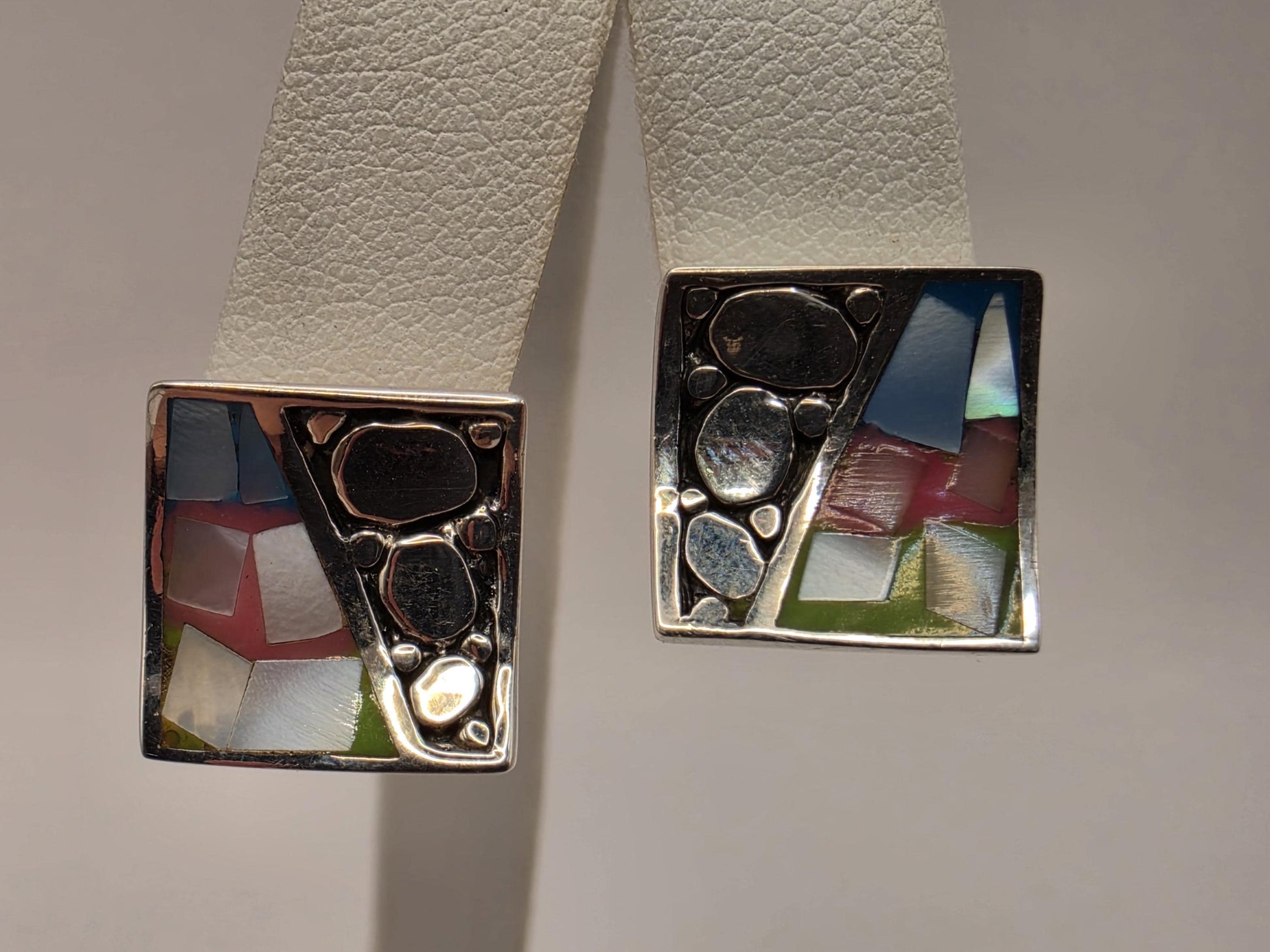 Mother of Pearl Mosaic Inlay Stud Earrings Sterling Silver Square Multicolor Pastel Shell Pebble Design 0.5 Inch Post Gift for Her