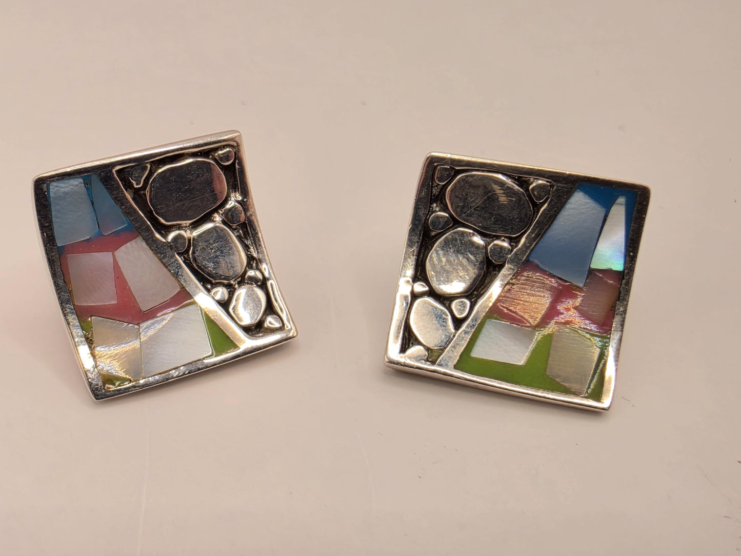 Mother of Pearl Mosaic Inlay Stud Earrings Sterling Silver Square Multicolor Pastel Shell Pebble Design 0.5 Inch Post Gift for Her