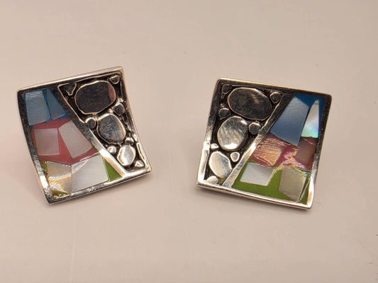 Mother of Pearl Mosaic Inlay Stud Earrings Sterling Silver Square Multicolor Pastel Shell Pebble Design 0.5 Inch Post Gift for Her