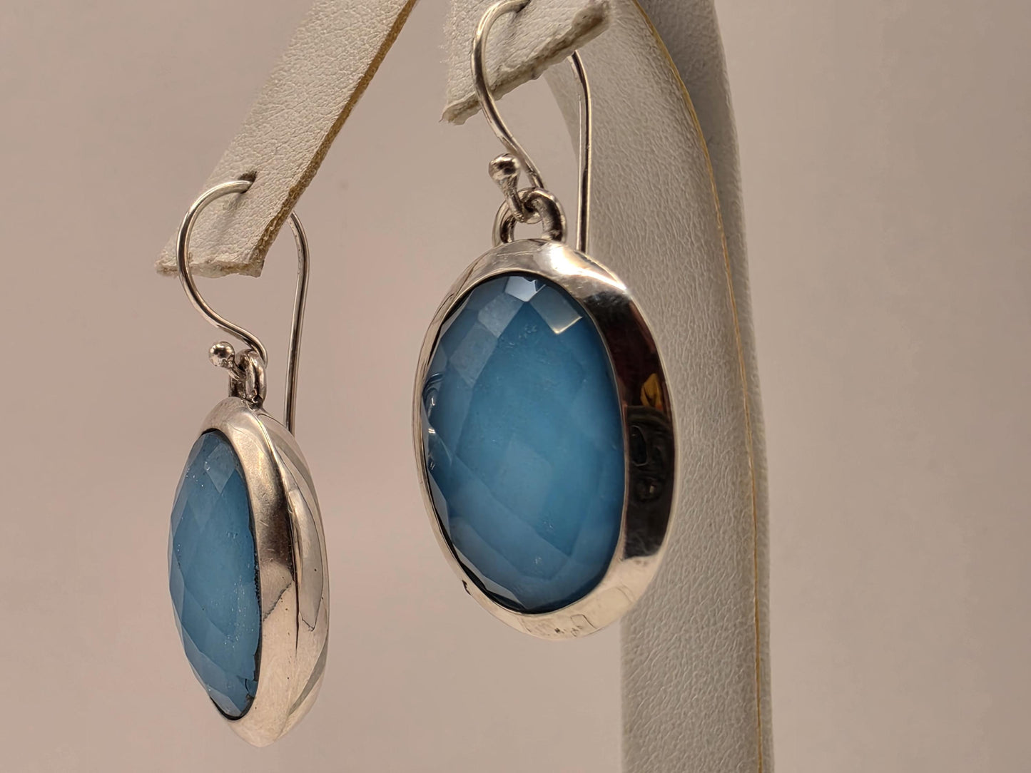 Turquoise Quartz Doublet Earrings Sterling Silver Faceted Checkerboard Oval Dangle 1 Inch Bright Blue Statement Drops Gift for Her