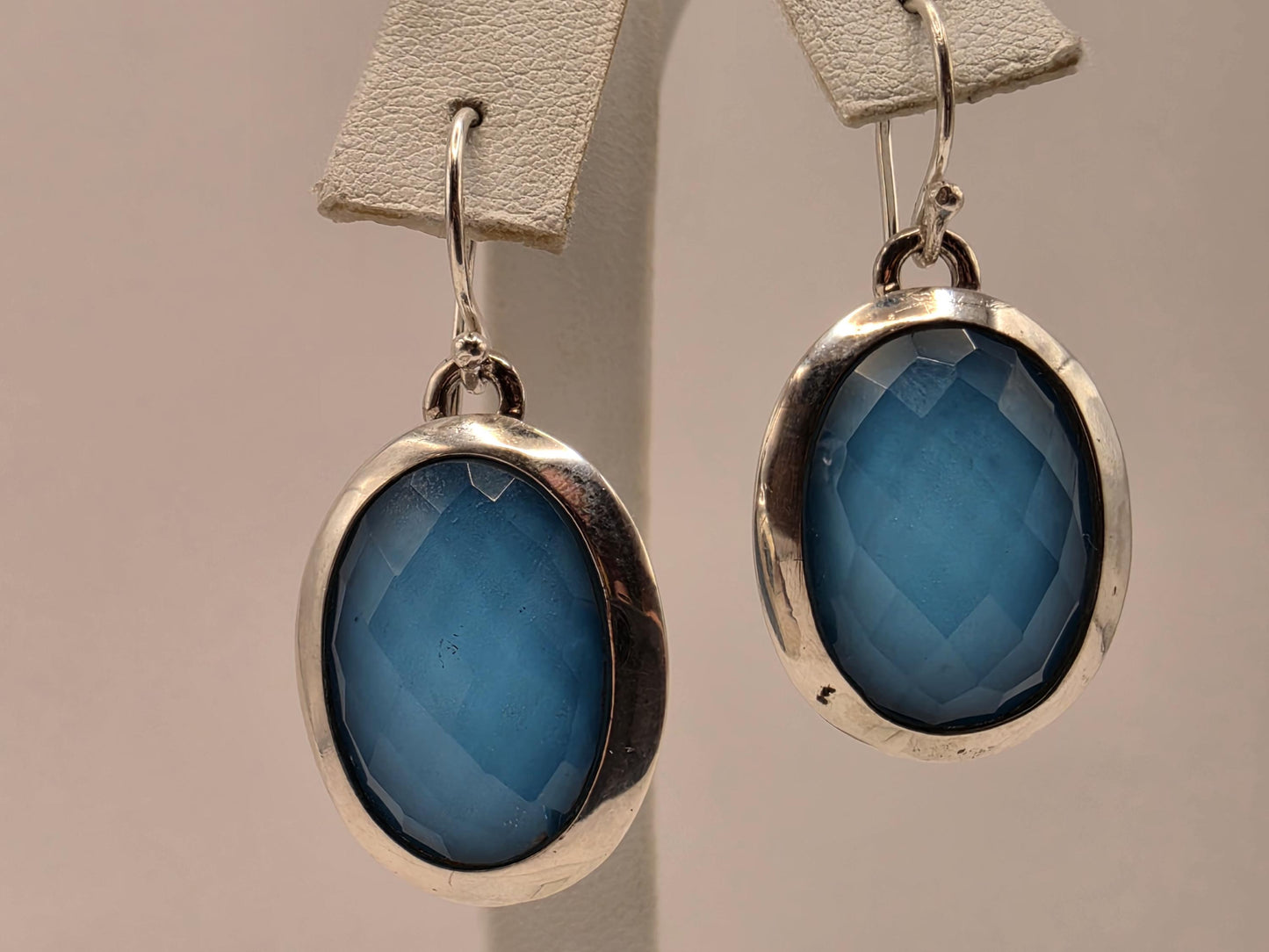 Turquoise Quartz Doublet Earrings Sterling Silver Faceted Checkerboard Oval Dangle 1 Inch Bright Blue Statement Drops Gift for Her