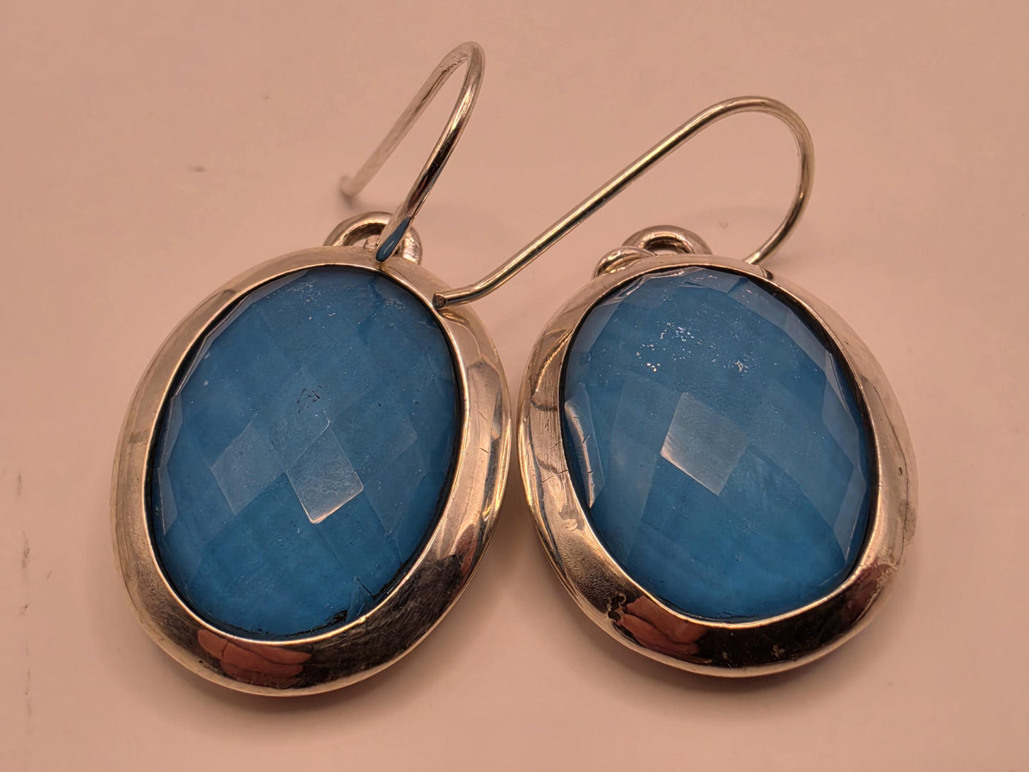 Turquoise Quartz Doublet Earrings Sterling Silver Faceted Checkerboard Oval Dangle 1 Inch Bright Blue Statement Drops Gift for Her