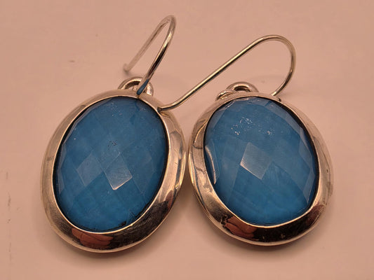 Turquoise Quartz Doublet Earrings Sterling Silver Faceted Checkerboard Oval Dangle 1 Inch Bright Blue Statement Drops Gift for Her