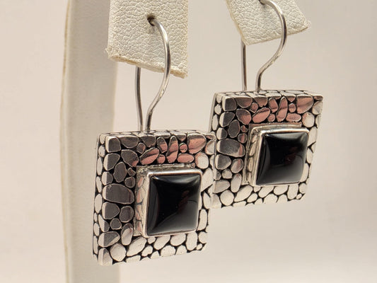 Black Onyx Earrings Sterling Silver Square Pebble Texture Frame Bali Style Wire Drop 0.625 Inch Modern Statement Gift for Her