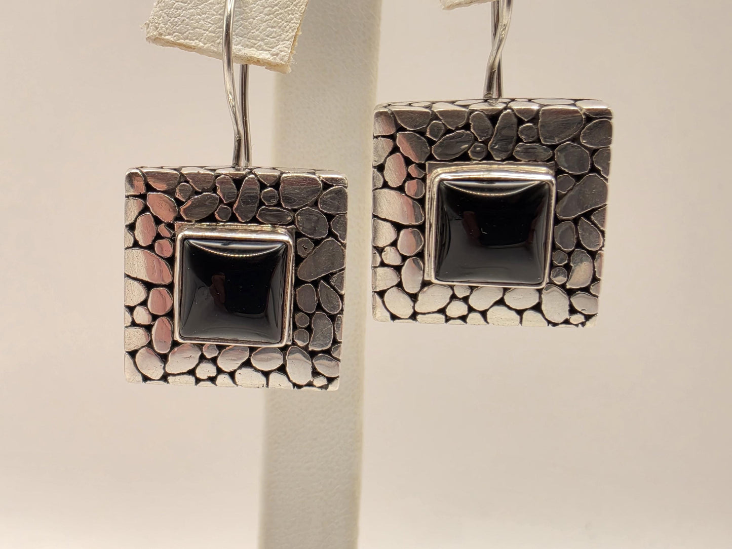 Black Onyx Earrings Sterling Silver Square Pebble Texture Frame Bali Style Wire Drop 0.625 Inch Modern Statement Gift for Her