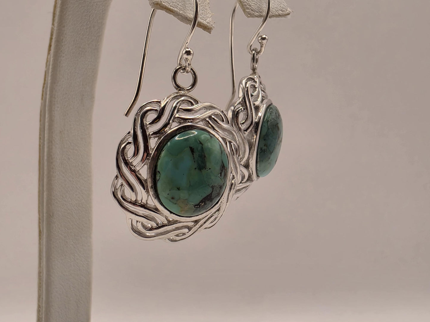 Genuine Turquoise Earrings Sterling Silver Celtic Knot Woven Frame Round Cabochon Dangle 1 Inch Natural Matrix Southwest Boho Gift for Her