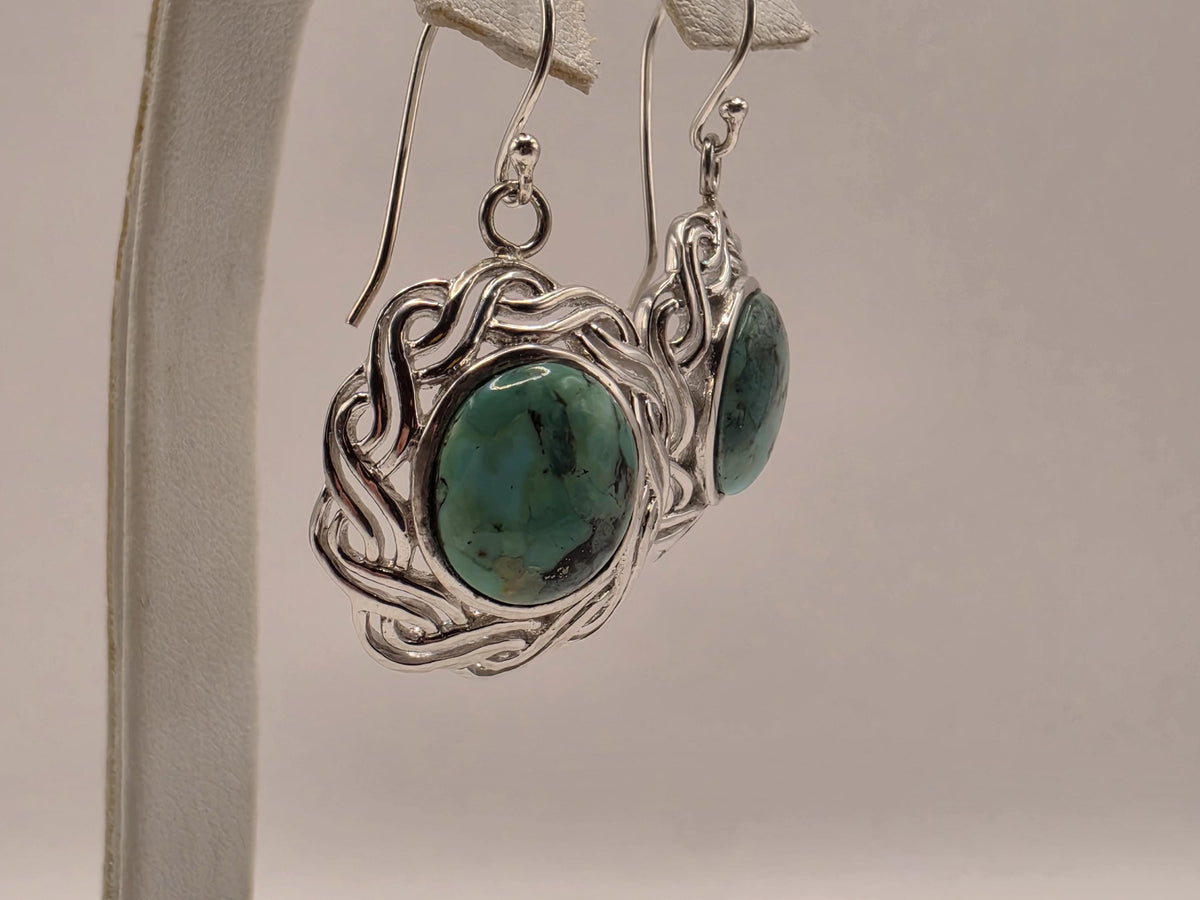 Genuine Turquoise Earrings Sterling Silver Celtic Knot Woven Frame Round Cabochon Dangle 1 Inch Natural Matrix Southwest Boho Gift for Her