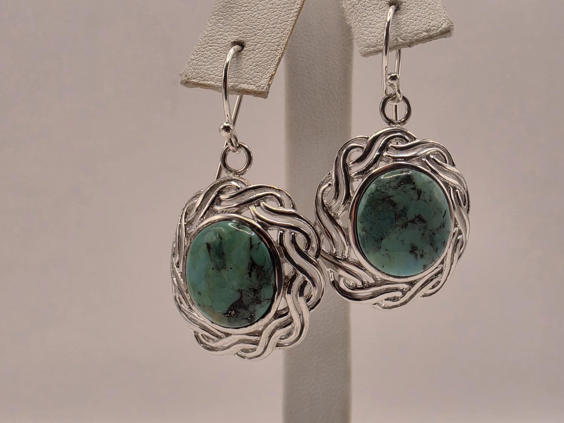 Genuine Turquoise Earrings Sterling Silver Celtic Knot Woven Frame Round Cabochon Dangle 1 Inch Natural Matrix Southwest Boho Gift for Her