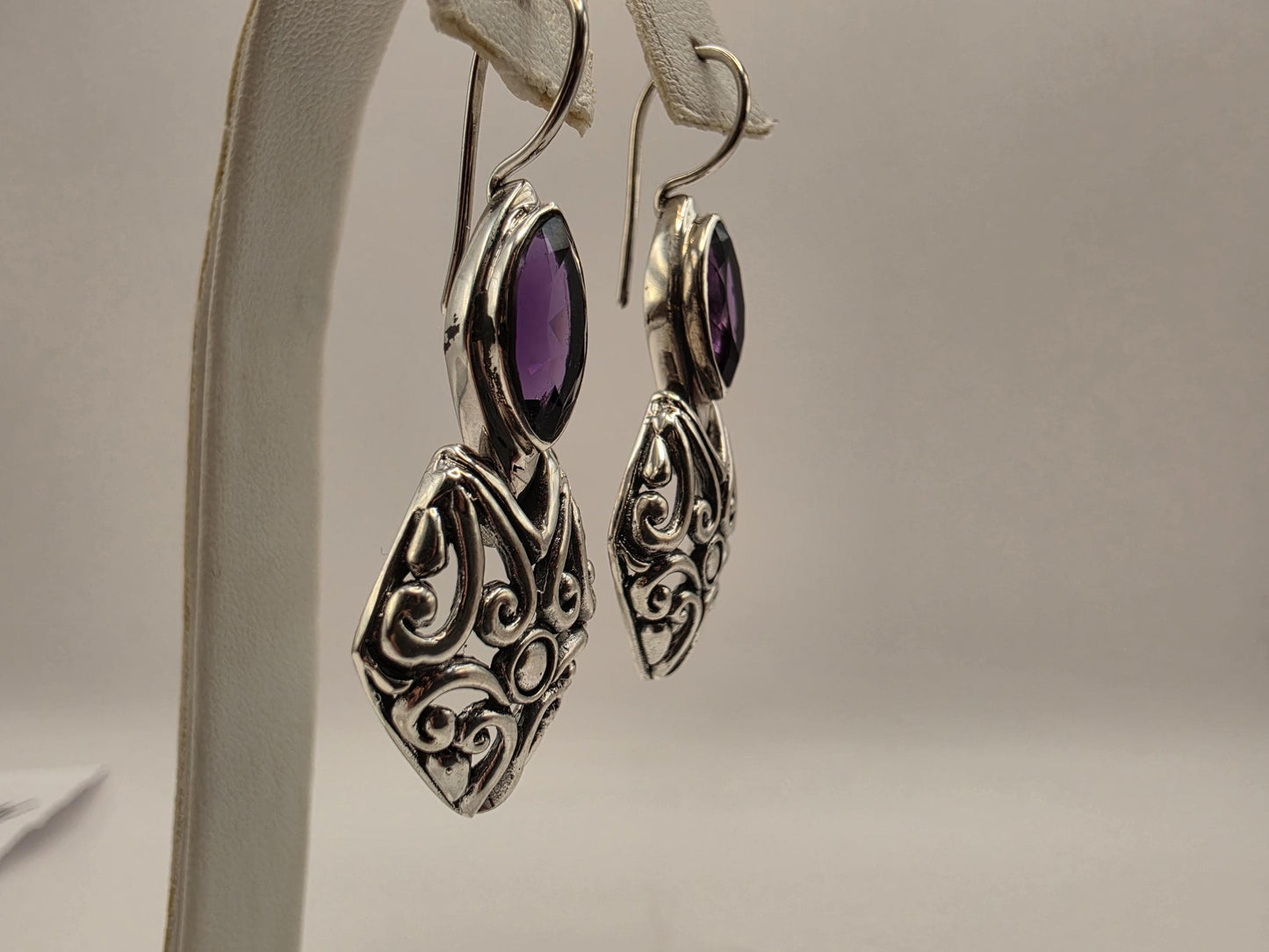 Genuine Amethyst Earrings Sterling Silver Marquise Cut Bali Scrollwork Kite Drop 1.375 Inch Purple Faceted February Birthstone Gift for Her