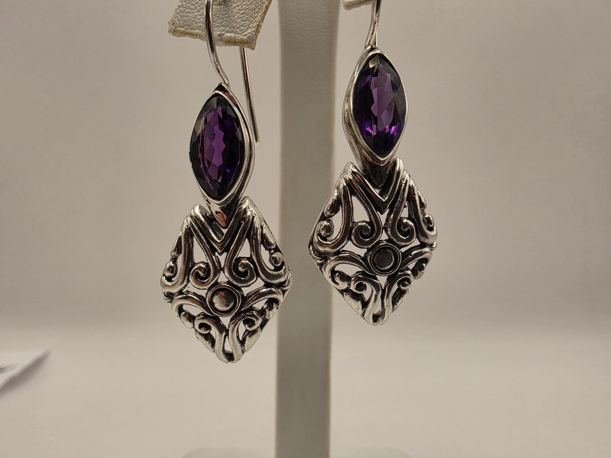 Genuine Amethyst Earrings Sterling Silver Marquise Cut Bali Scrollwork Kite Drop 1.375 Inch Purple Faceted February Birthstone Gift for Her