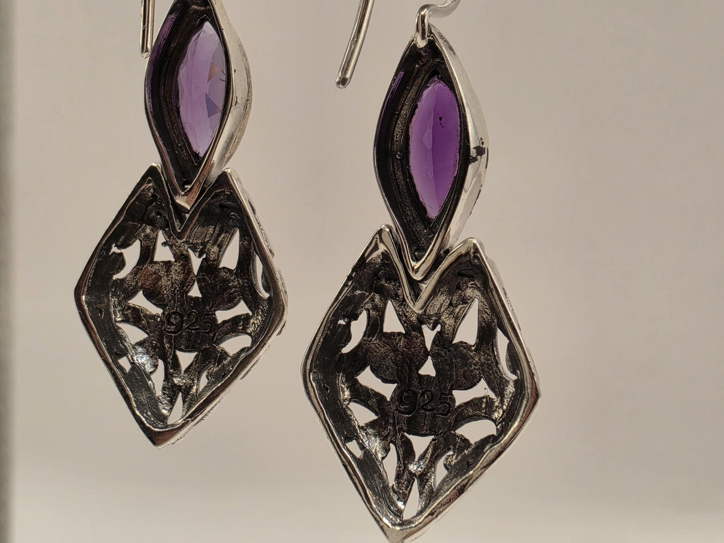 Genuine Amethyst Earrings Sterling Silver Marquise Cut Bali Scrollwork Kite Drop 1.375 Inch Purple Faceted February Birthstone Gift for Her