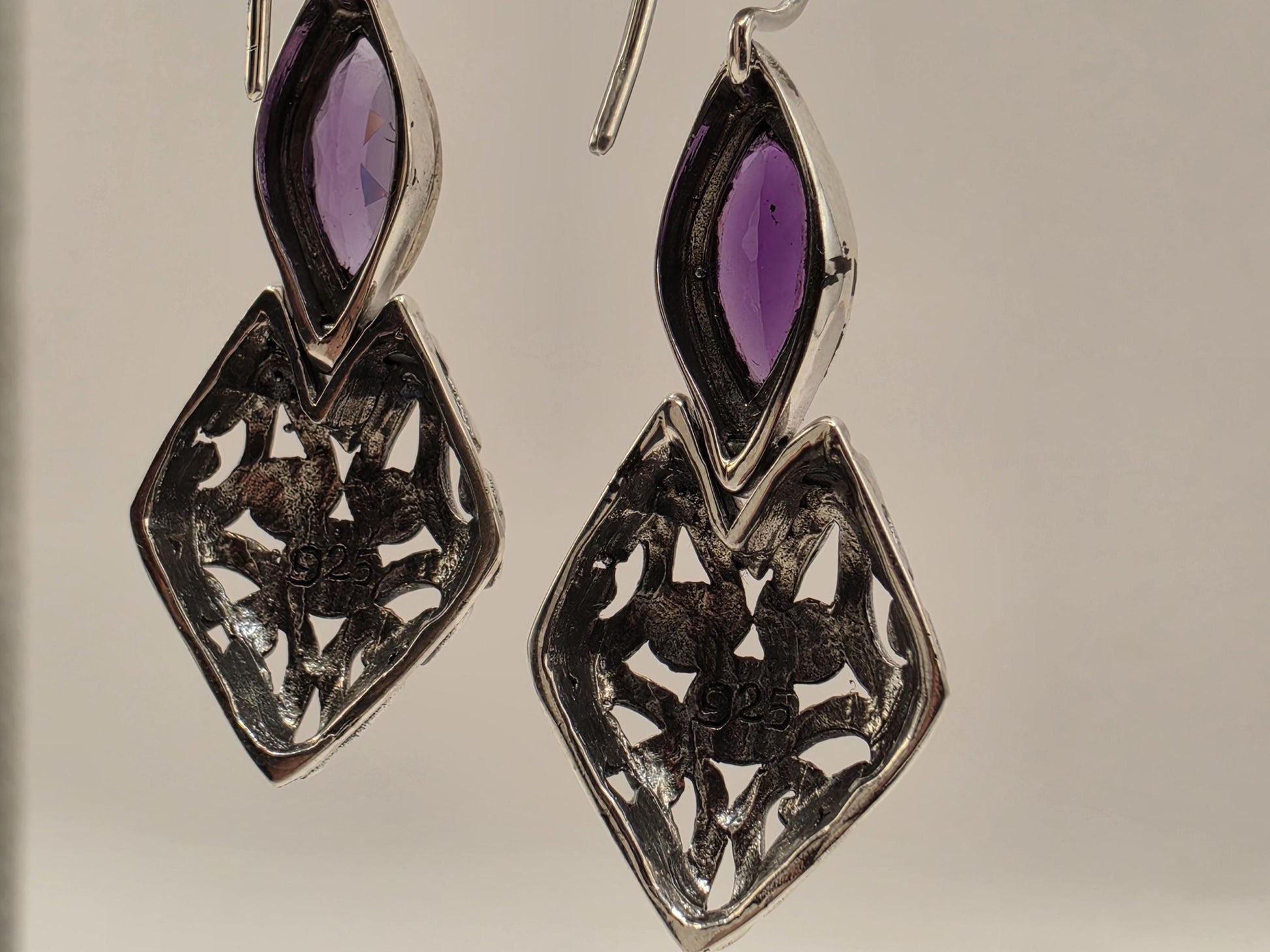Genuine Amethyst Earrings Sterling Silver Marquise Cut Bali Scrollwork Kite Drop 1.375 Inch Purple Faceted February Birthstone Gift for Her
