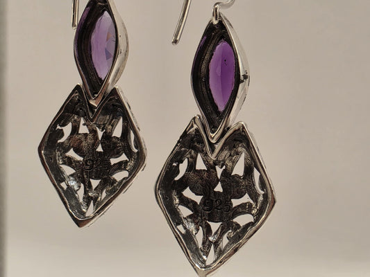 Genuine Amethyst Earrings Sterling Silver Marquise Cut Bali Scrollwork Kite Drop 1.375 Inch Purple Faceted February Birthstone Gift for Her