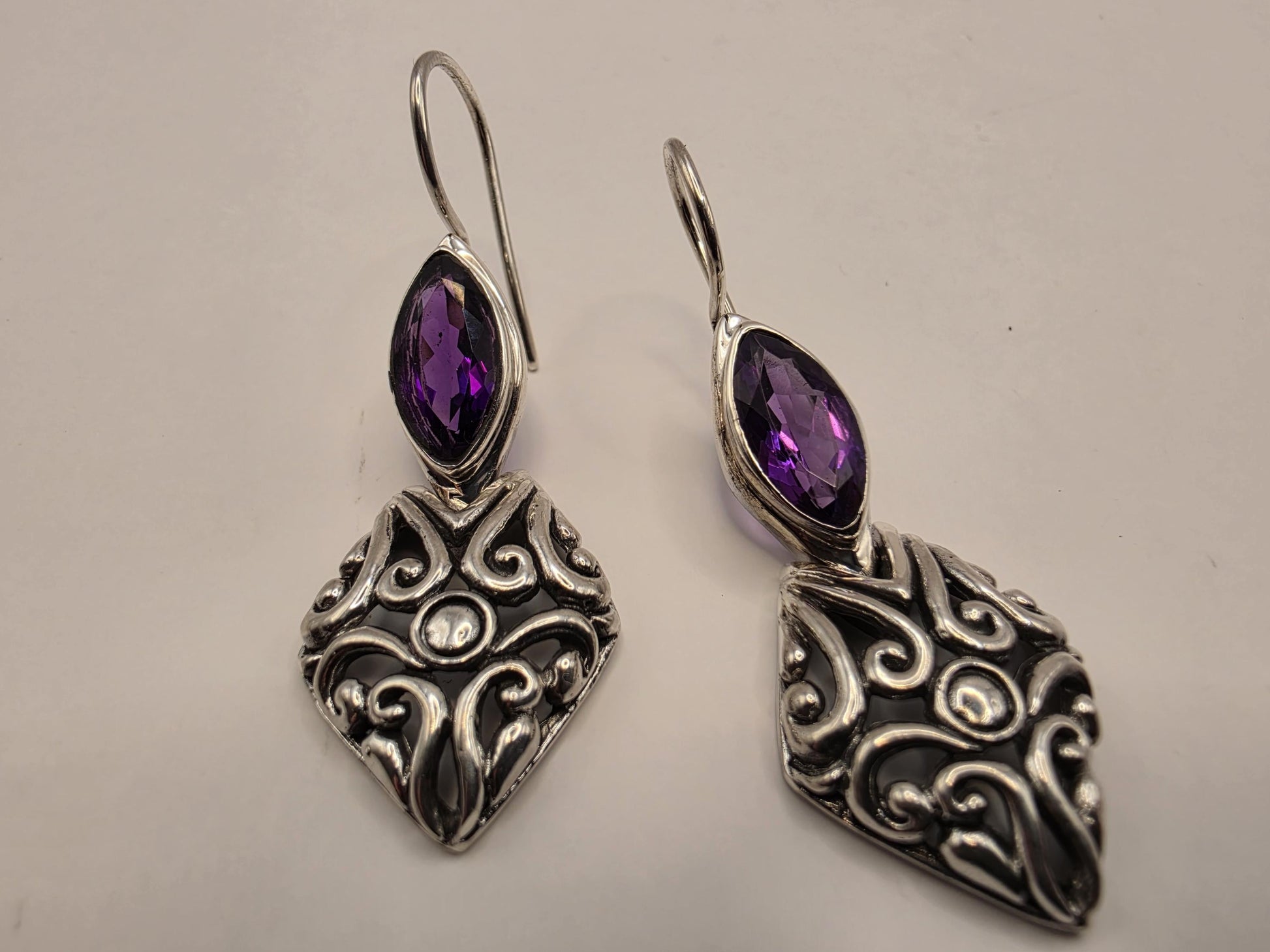 Genuine Amethyst Earrings Sterling Silver Marquise Cut Bali Scrollwork Kite Drop 1.375 Inch Purple Faceted February Birthstone Gift for Her