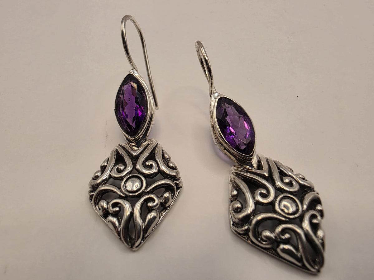 Genuine Amethyst Earrings Sterling Silver Marquise Cut Bali Scrollwork Kite Drop 1.375 Inch Purple Faceted February Birthstone Gift for Her
