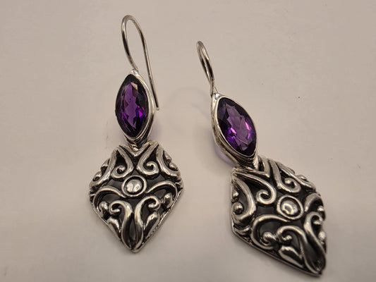 Genuine Amethyst Earrings Sterling Silver Marquise Cut Bali Scrollwork Kite Drop 1.375 Inch Purple Faceted February Birthstone Gift for Her