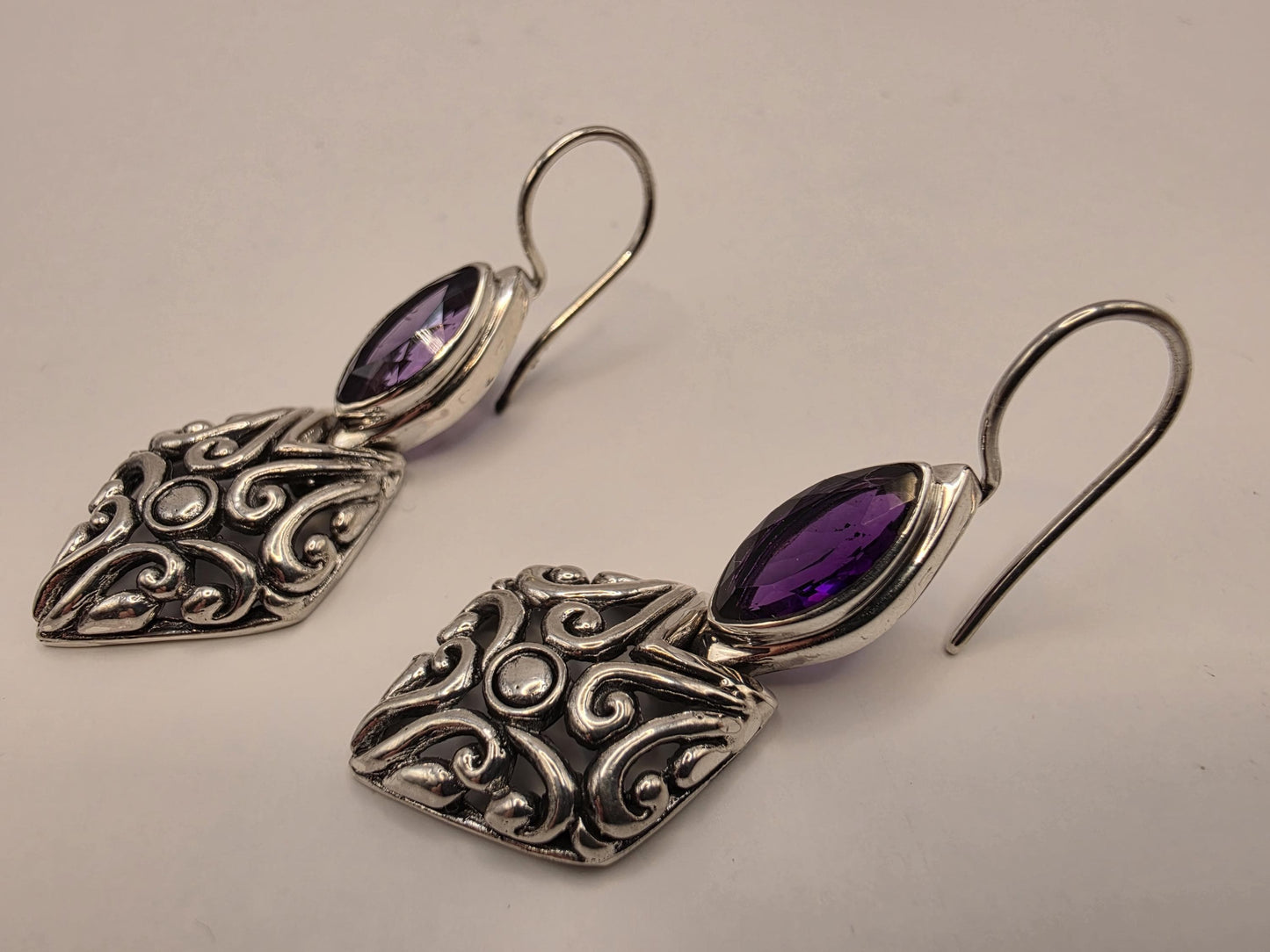 Genuine Amethyst Earrings Sterling Silver Marquise Cut Bali Scrollwork Kite Drop 1.375 Inch Purple Faceted February Birthstone Gift for Her