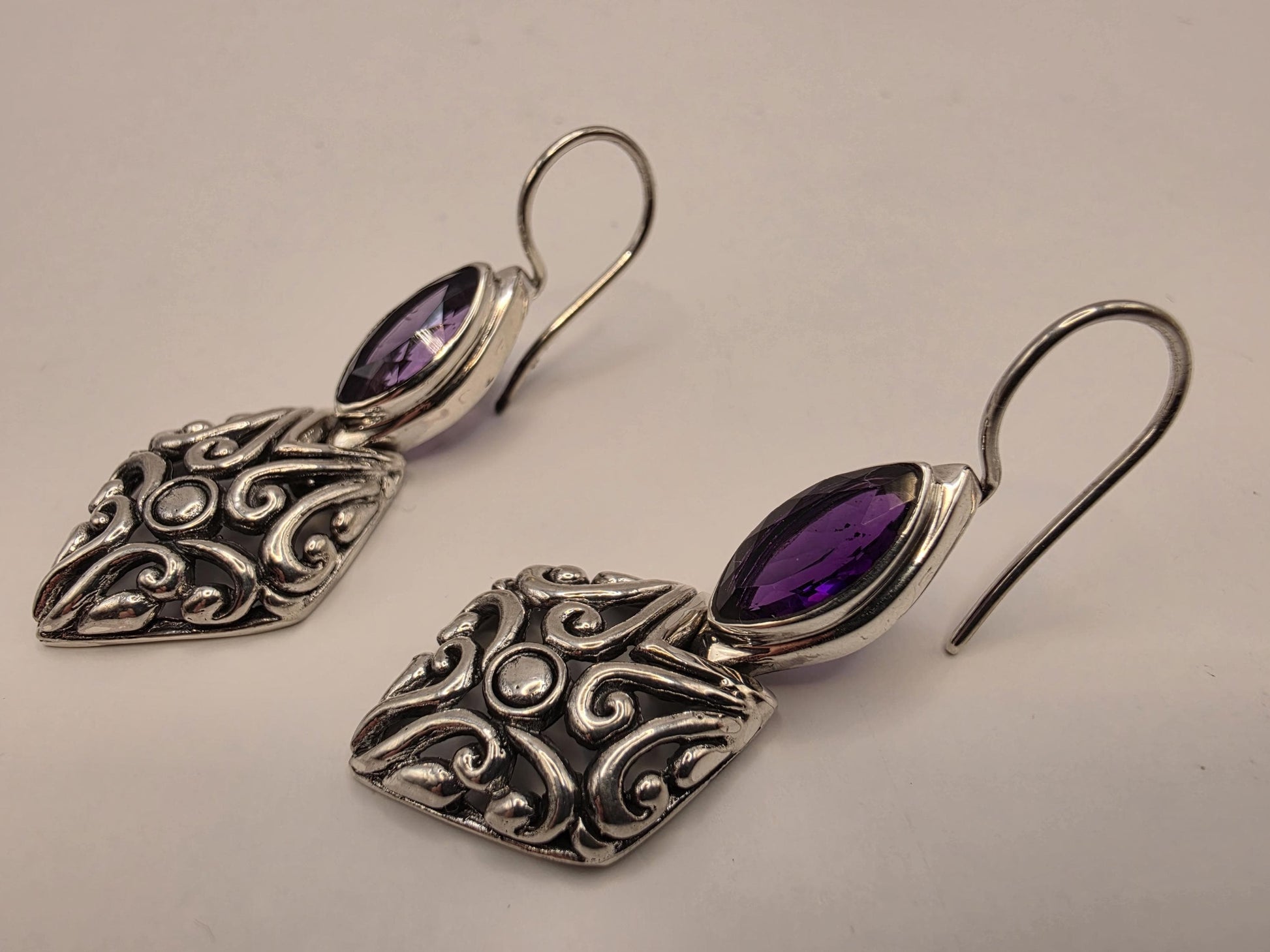 Genuine Amethyst Earrings Sterling Silver Marquise Cut Bali Scrollwork Kite Drop 1.375 Inch Purple Faceted February Birthstone Gift for Her