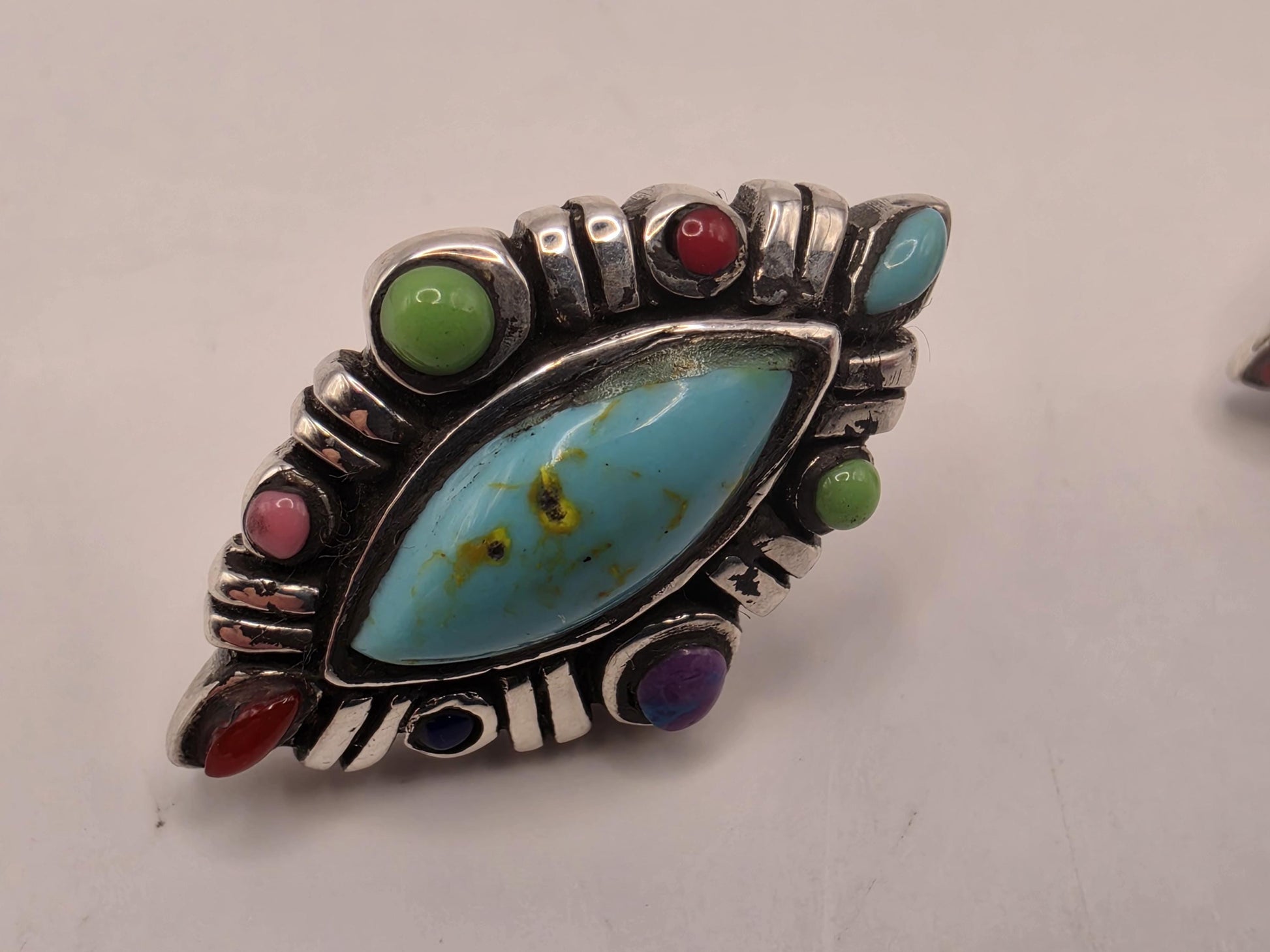 Turquoise Multi Stone Stud Earrings Sterling Silver Marquise Southwest Cluster Colorful Accent Stones 0.75 Inch Post Back Gift for Her