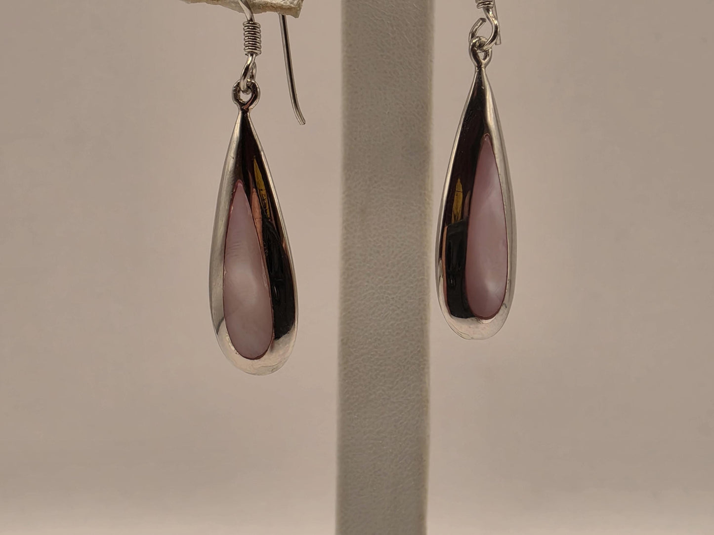 Pink Mother of Pearl Earrings Sterling Silver Long Teardrop Inlay Drop 1 Inch Iridescent Blush Shell Lightweight Gift for Her