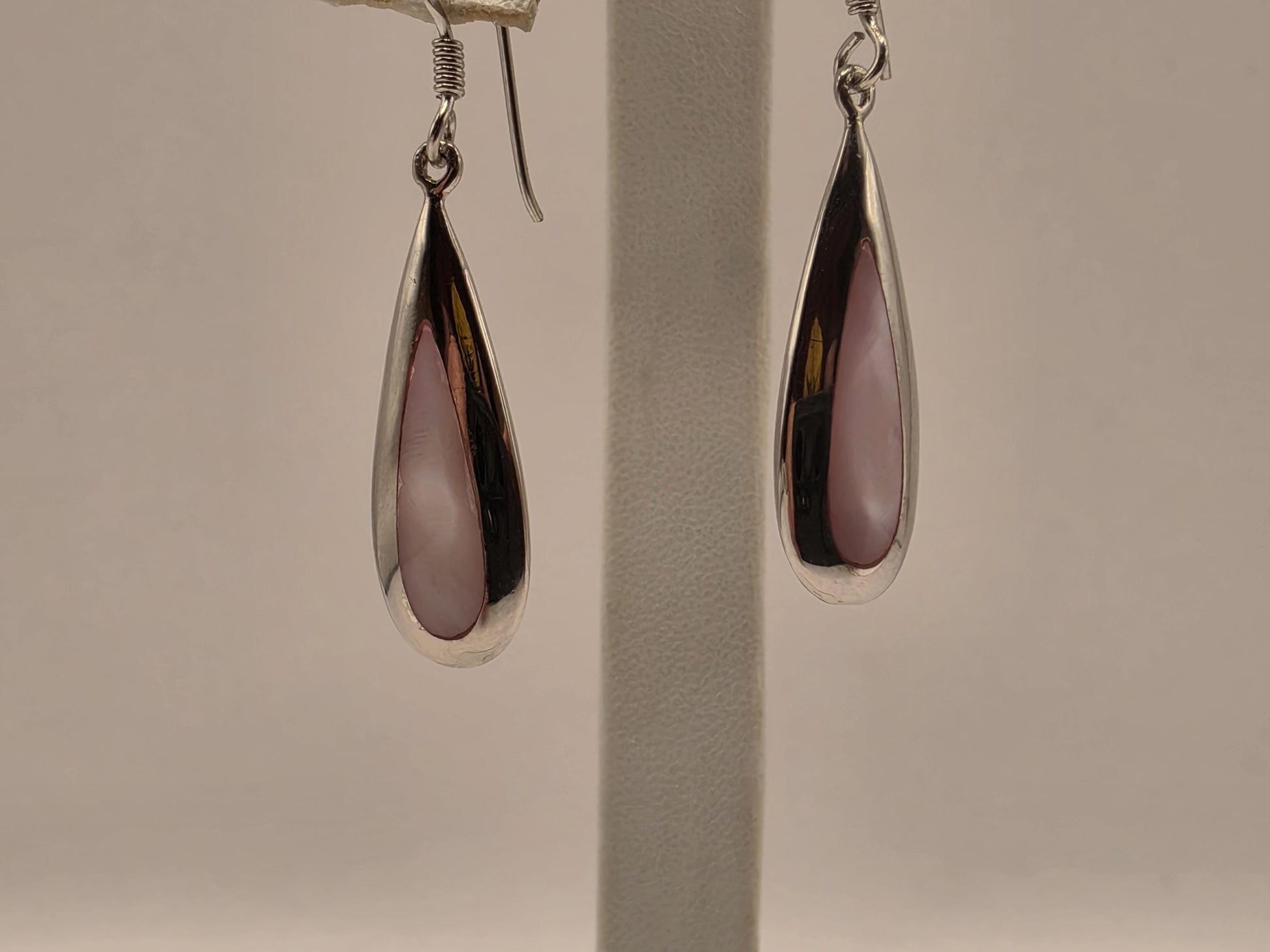 Pink Mother of Pearl Earrings Sterling Silver Long Teardrop Inlay Drop 1 Inch Iridescent Blush Shell Lightweight Gift for Her
