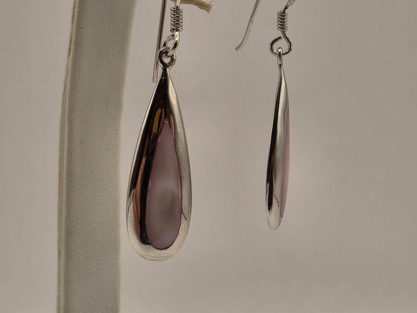 Pink Mother of Pearl Earrings Sterling Silver Long Teardrop Inlay Drop 1 Inch Iridescent Blush Shell Lightweight Gift for Her