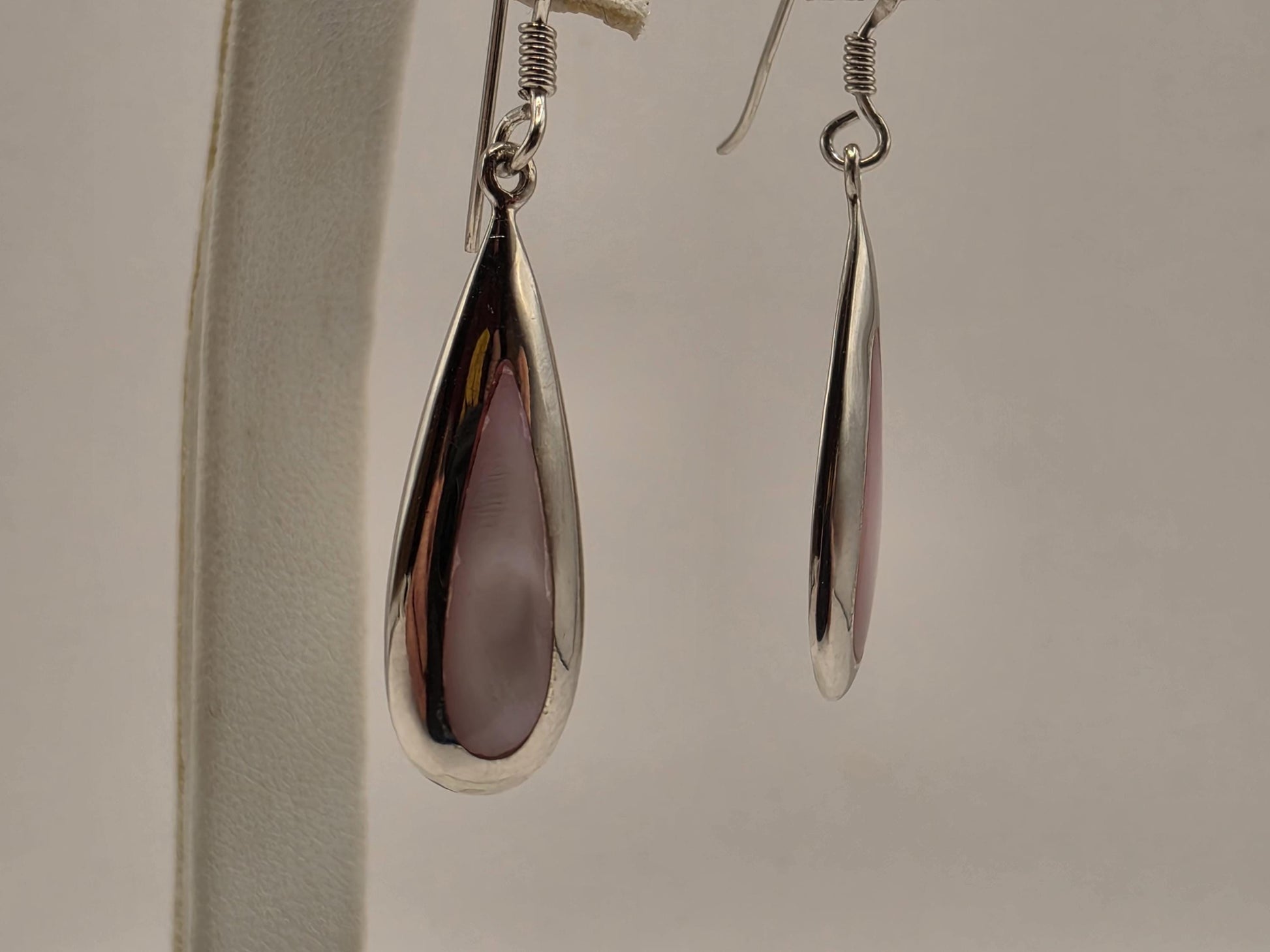 Pink Mother of Pearl Earrings Sterling Silver Long Teardrop Inlay Drop 1 Inch Iridescent Blush Shell Lightweight Gift for Her