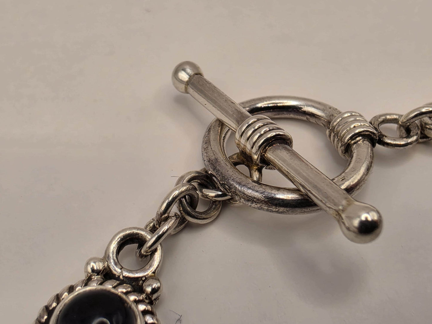 Genuine Iolite Bracelet Sterling Silver Round Cabochon Link Toggle Clasp 8 Inch Blue Violet Water Sapphire Color Bali Rope Bezels Gift Her