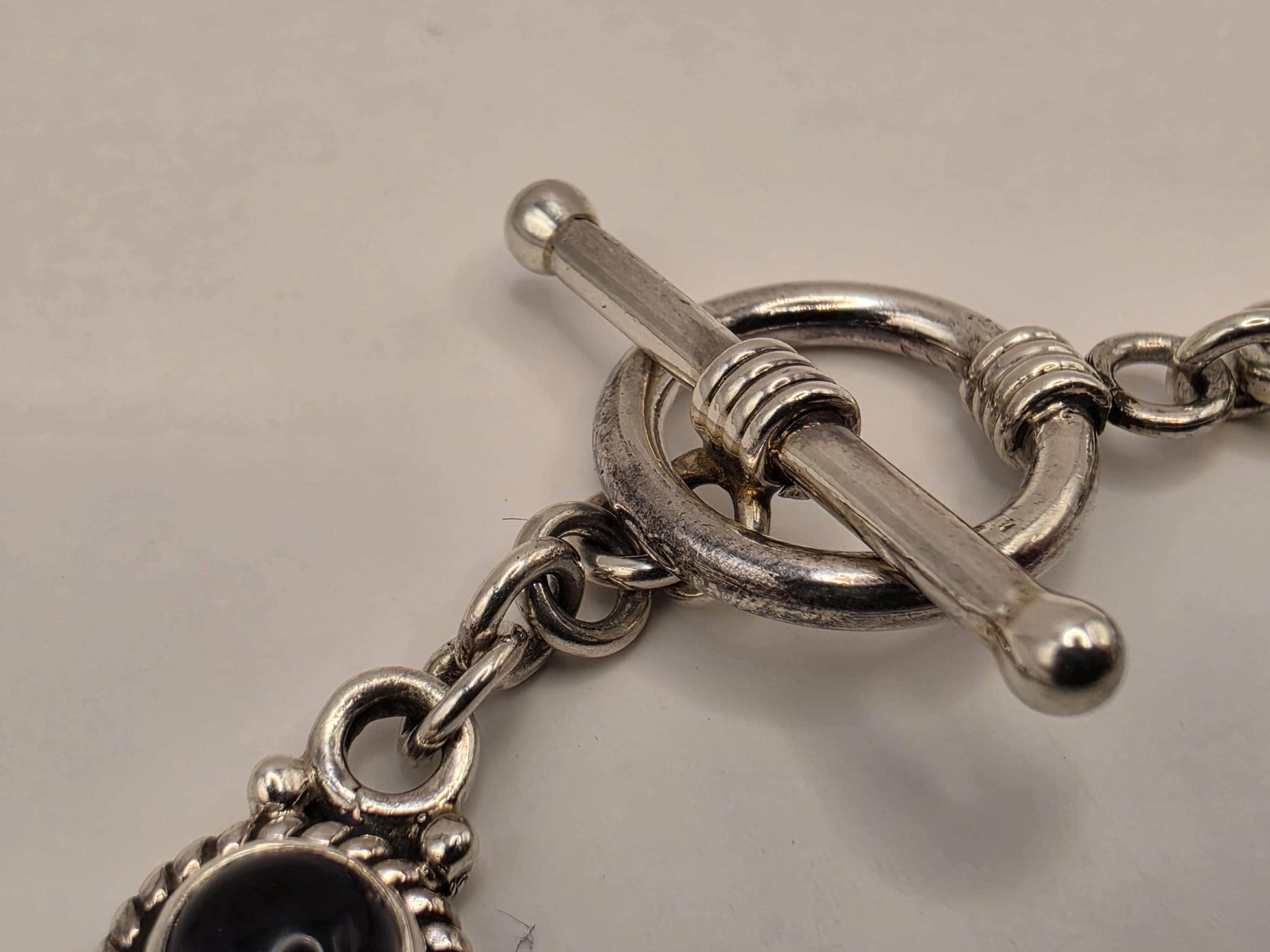 Genuine Iolite Bracelet Sterling Silver Round Cabochon Link Toggle Clasp 8 Inch Blue Violet Water Sapphire Color Bali Rope Bezels Gift Her