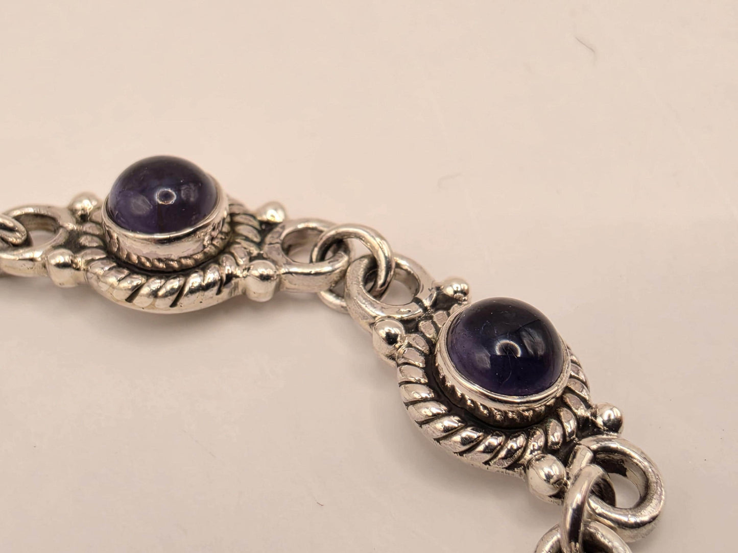 Genuine Iolite Bracelet Sterling Silver Round Cabochon Link Toggle Clasp 8 Inch Blue Violet Water Sapphire Color Bali Rope Bezels Gift Her
