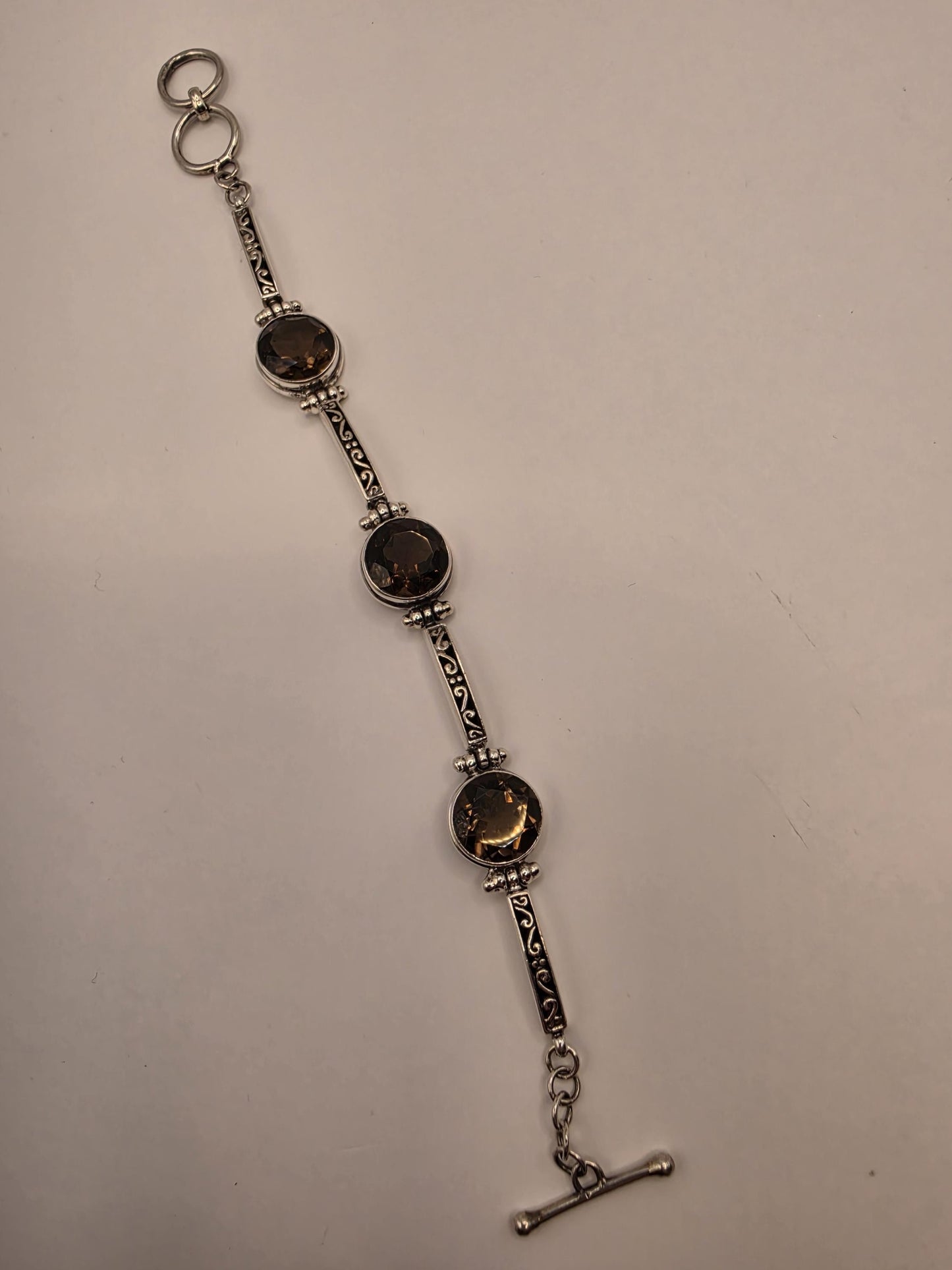 Genuine Smoky Quartz Bracelet Sterling Silver Faceted Stations Oxidized Scrollwork Toggle 7.5 Inch Brown Gemstone Gift for Her or Him